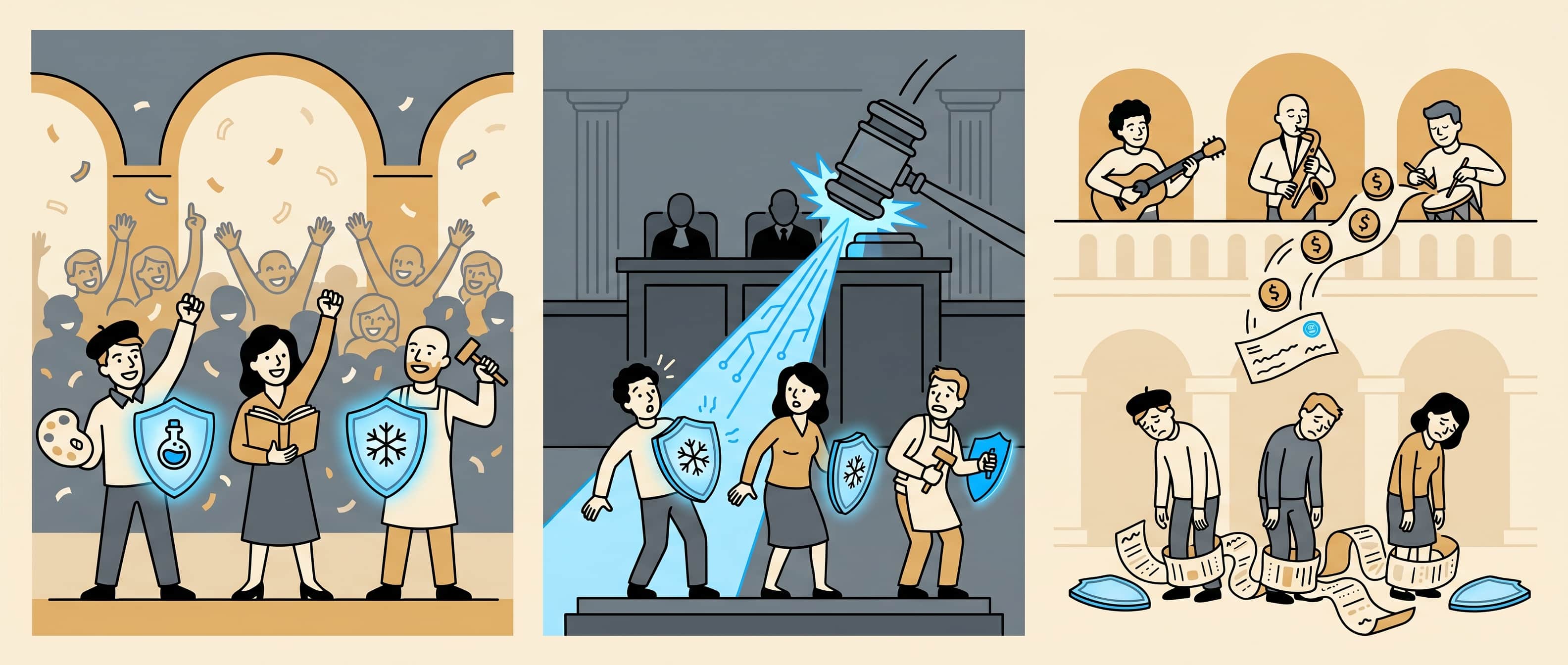 Three panels: artists triumphant on a stage with poison-vial shields; a courtroom gavel falling on the same artists now uncertain; the artists bound by an unspooled paper invoice while musicians collect recurring gold coins from a conveyor above