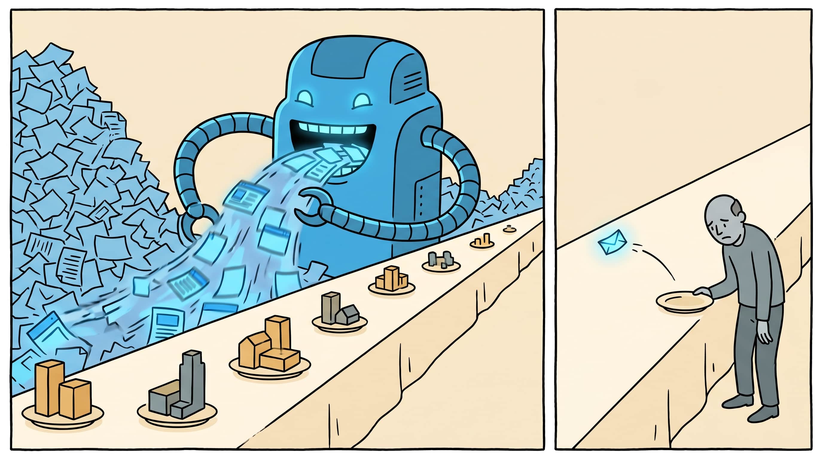 A monstrous AI machine at an endless table shoveling glowing web pages into its mouth and consuming website-buildings as dishes; at the far end of the same table, a lone exhausted blogger holds an empty plate and receives a single tiny folded thank-you note