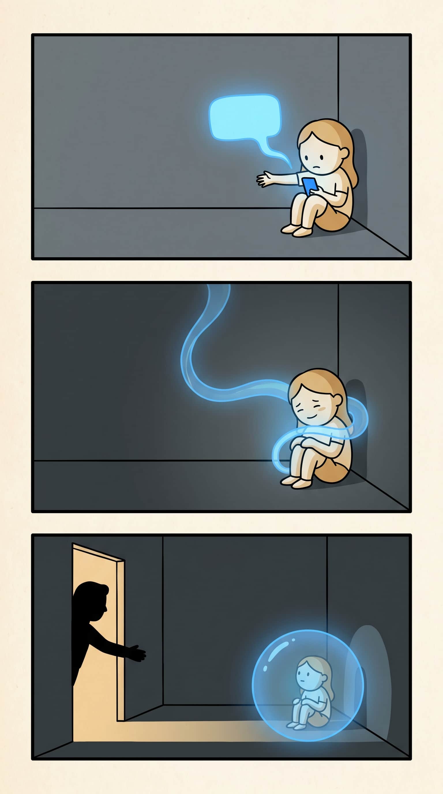 Three vertical panels in a dim bedroom: a young girl reaches toward the glow of a phone screen; the glow has wrapped around her shoulders as she leans in tired; a parent's silhouette appears in the doorway while the glow has fully enclosed the child with no release