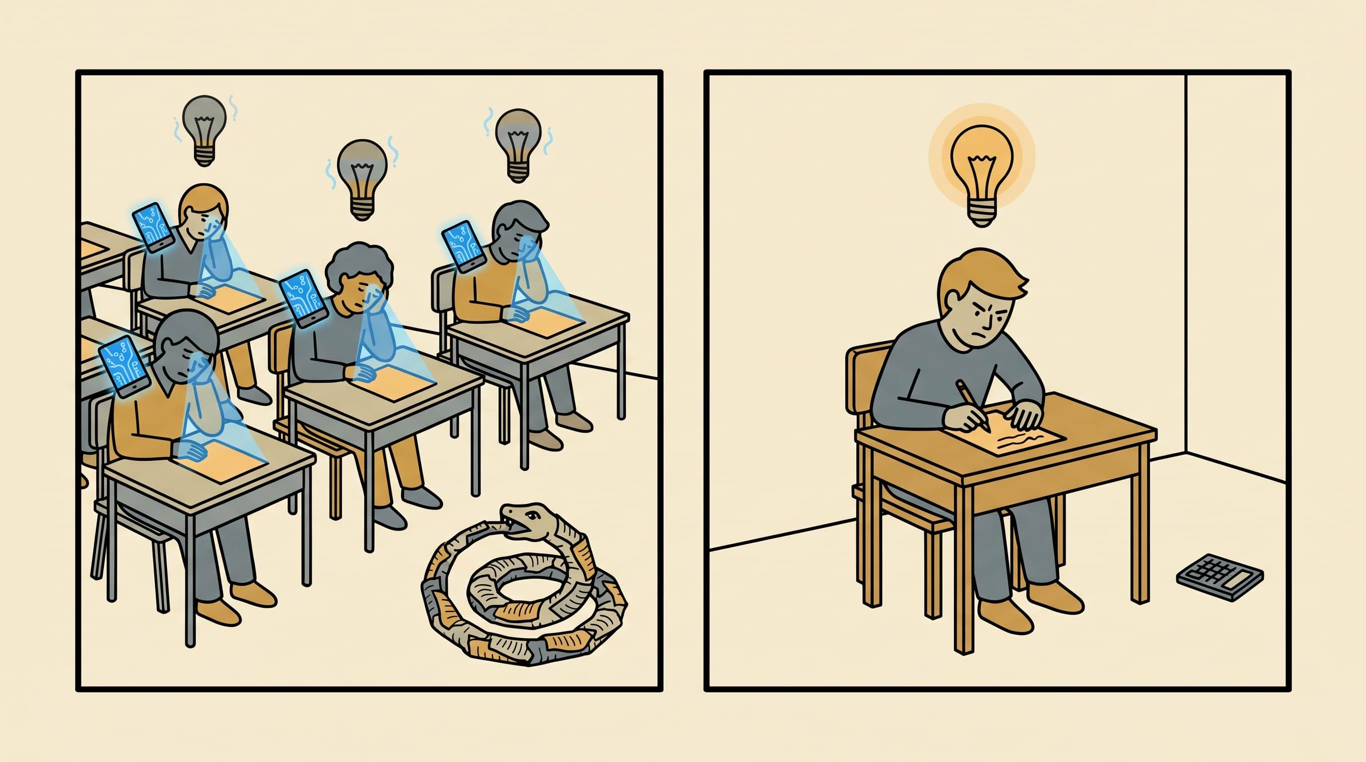 Two panels: rows of students with glowing AI helpers writing their essays while the lightbulb above each child dims and flickers; a single child writing by hand in a plain room with a bright warm lightbulb above his head and a discarded calculator in the corner