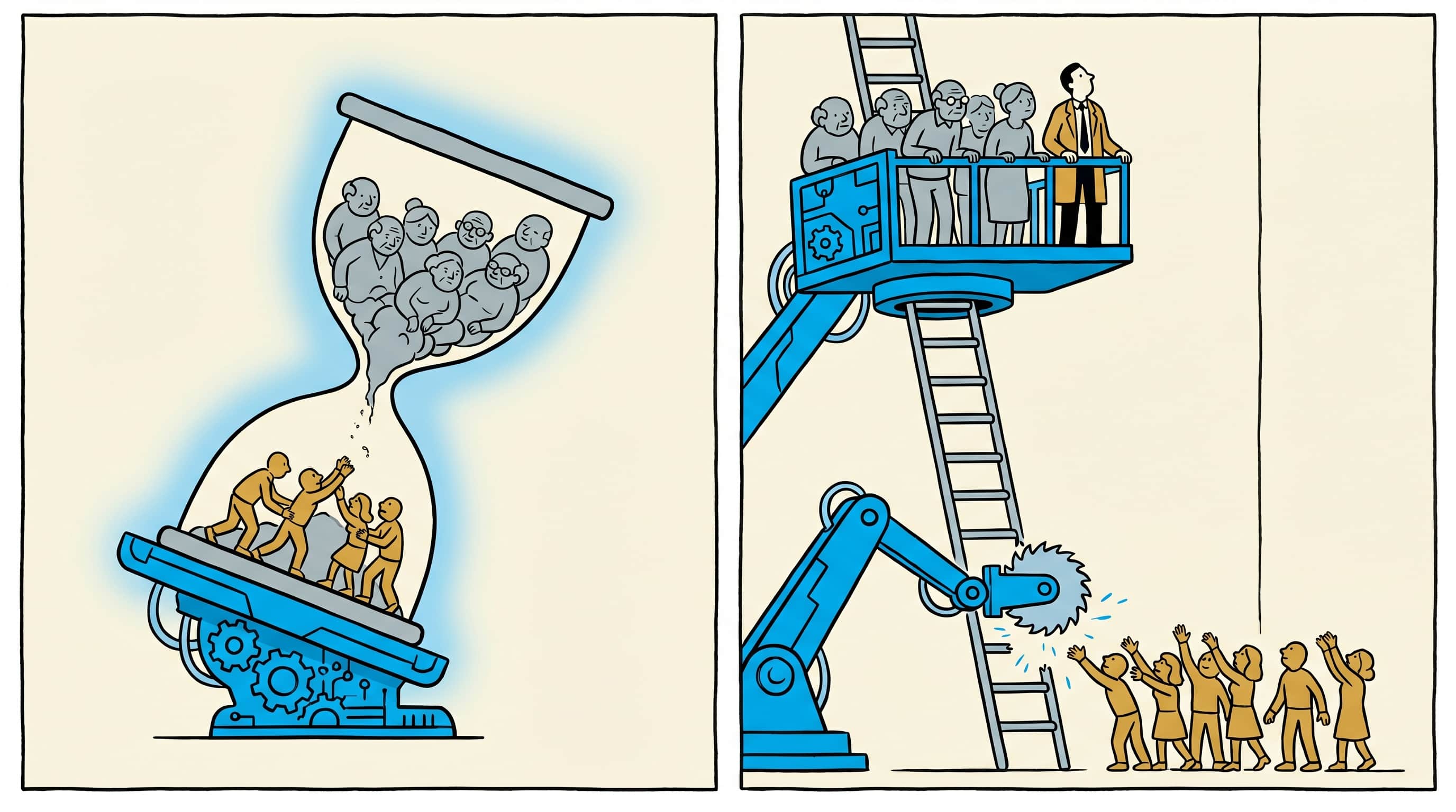 Two panels: a tilting demographic hourglass with crowded elderly figures above and few young workers below while an AI-powered platform genuinely lifts a productive society upward; a tall ladder with older workers and an owner riding a powered platform near the top while a mechanical AI arm saws off the bottom rungs leaving young workers stranded on the ground