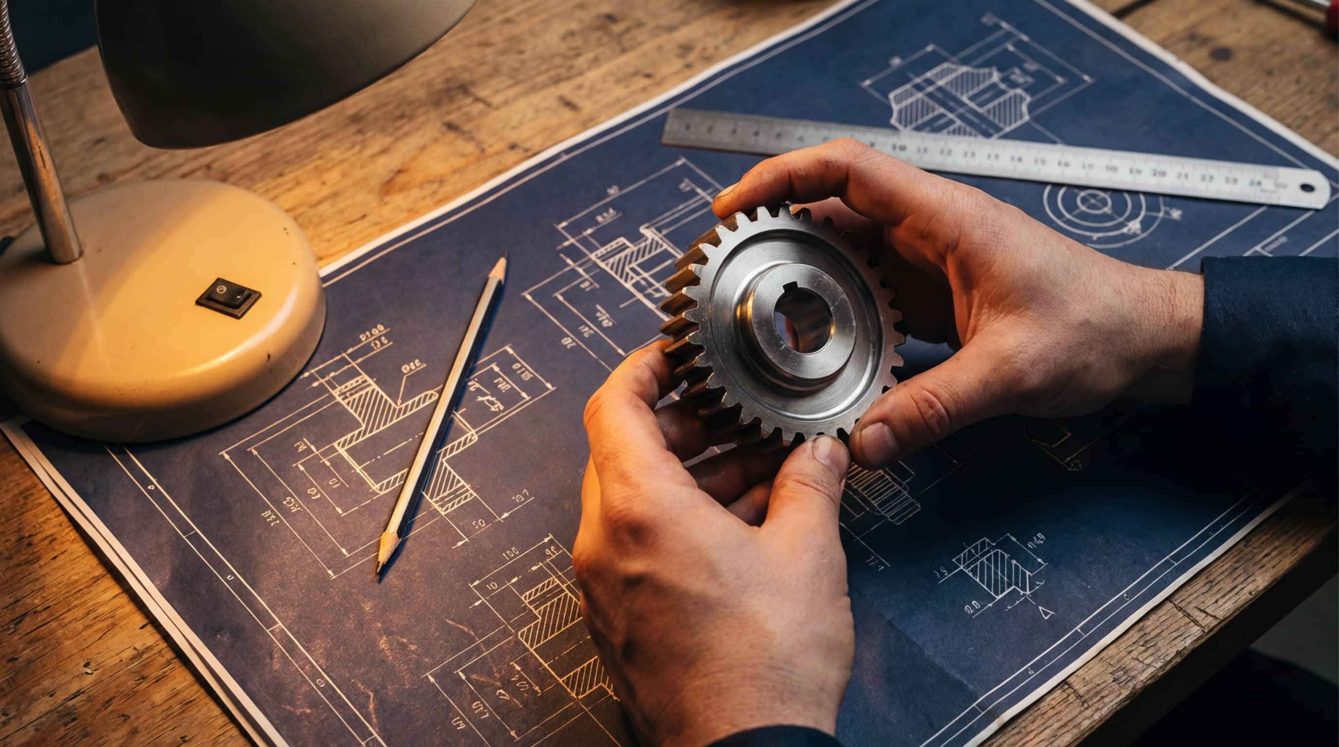 Hands holding a precisely machined component over a detailed engineering blueprint — the image of deliberate, exacting intent