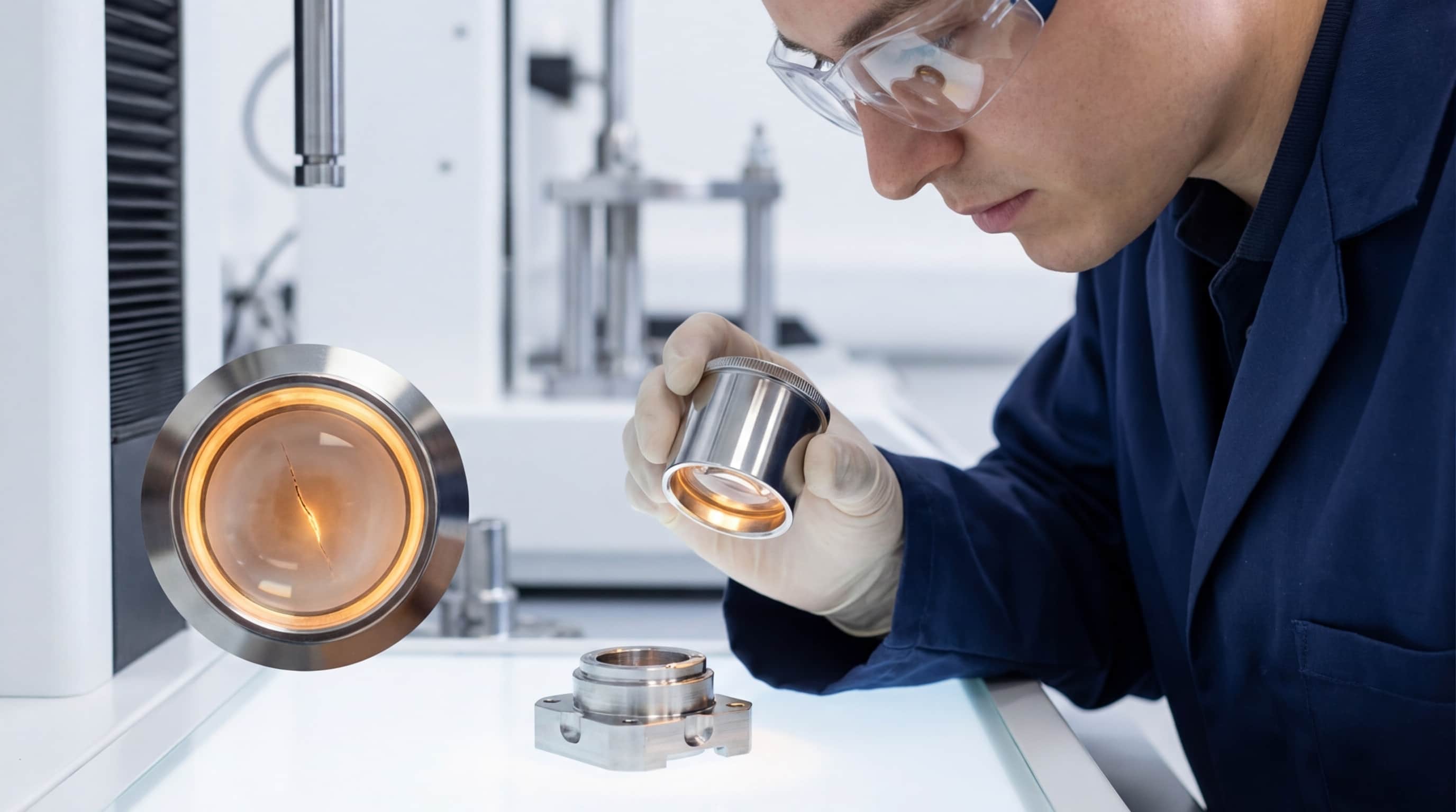 A quality control inspector examining a component under a loupe — nearly invisible flaws only visible to a trained eye