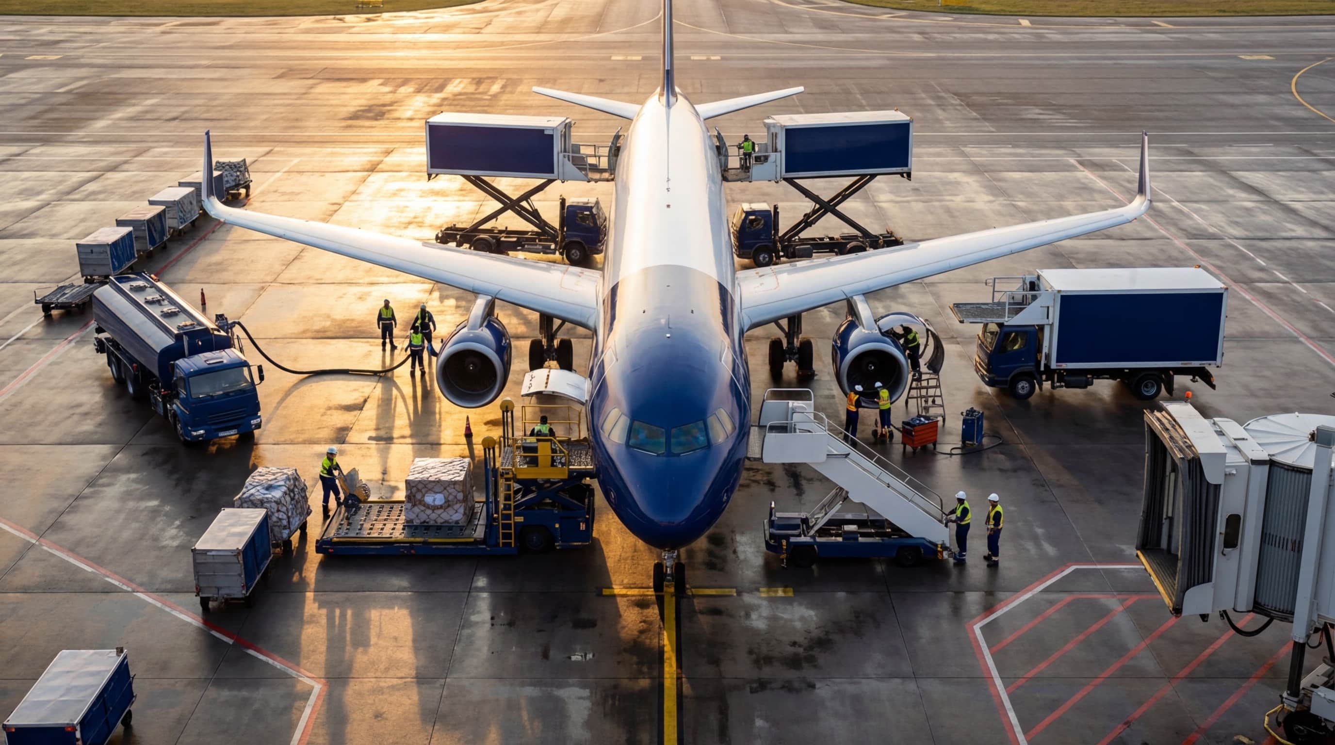 Aerial view of a logistics hub at dawn — multiple teams coordinating independently around a single aircraft