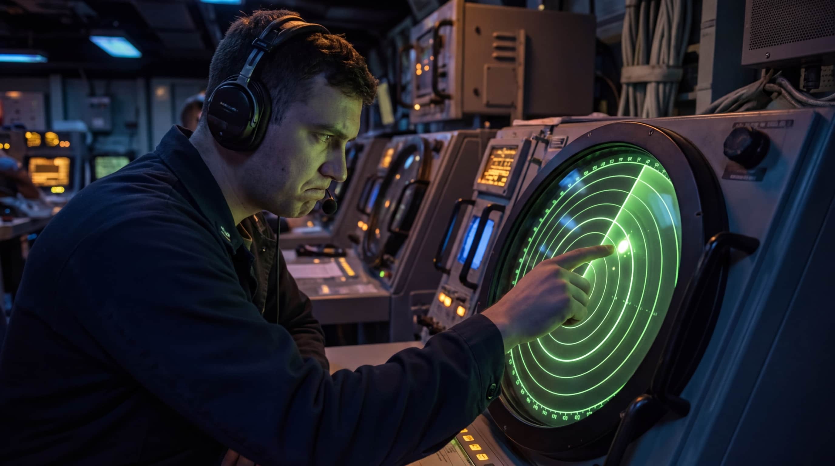 A radar operator at night, face lit by the green glow of a screen showing one anomalous signal among clean patterns