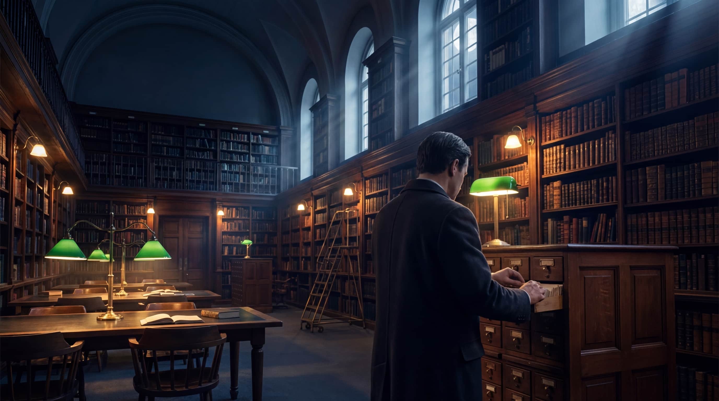 A grand historic library — an archivist at a perfectly ordered card catalog, floor-to-ceiling shelves, amber light