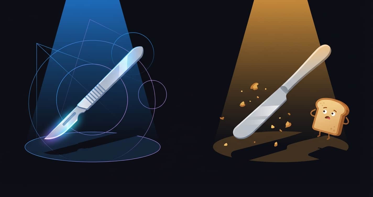 A scalpel and a butter knife side by side — both sharp-ish, obviously not interchangeable