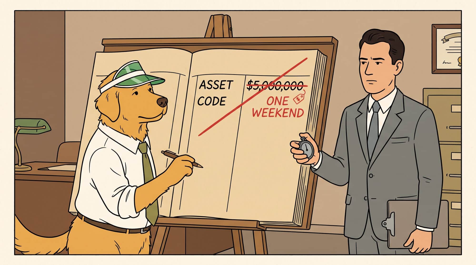 A balance-sheet line for a software company's code, re-marked from "intangible asset — built over a year, several million dollars" to "replacement cost — three consultants, one weekend." The asset column crossed out; the quote written in beside it.