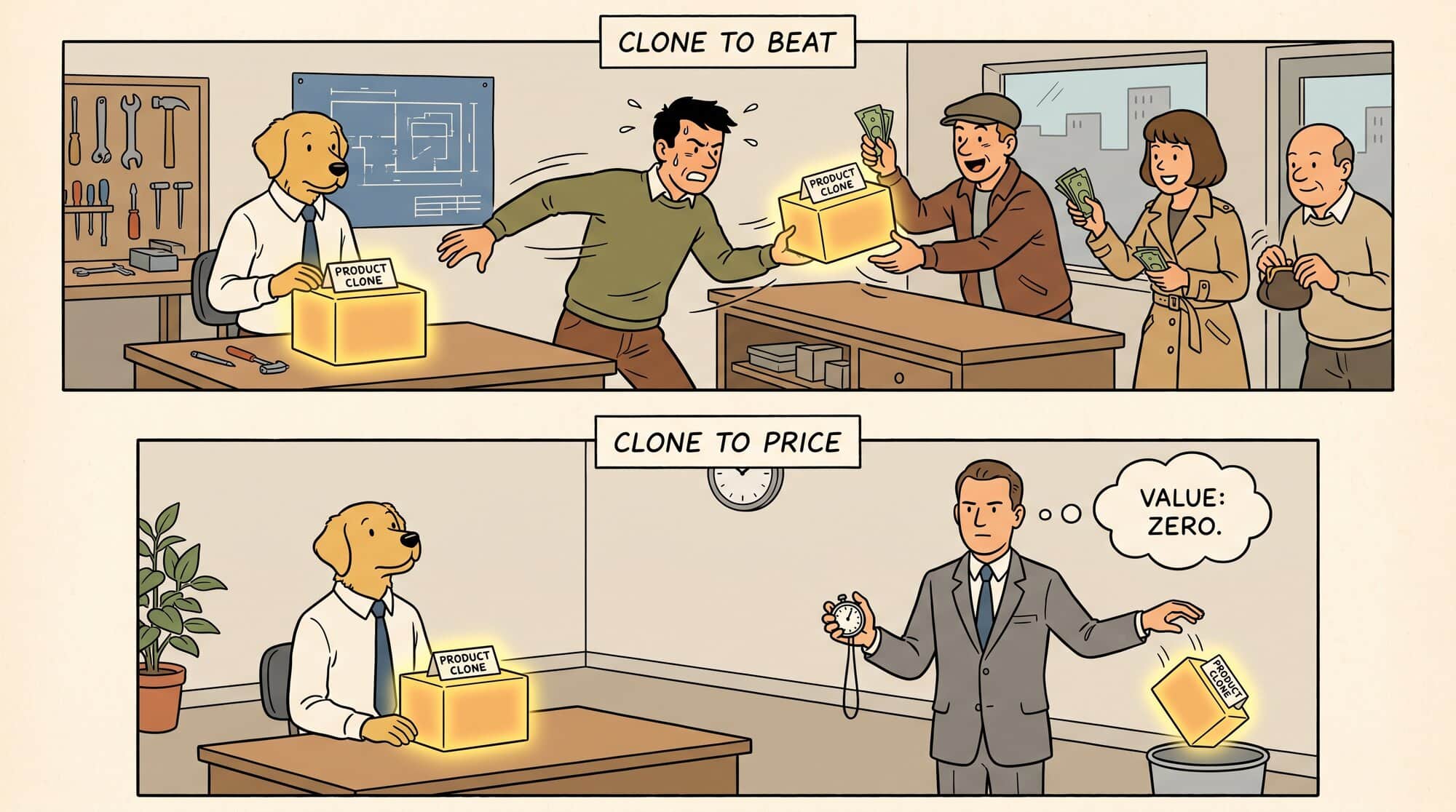Two panels. Left, "clone to beat": a rival rebuilds your product and ships it to take your customers — the nightmare I wrote about in May. Right, "clone to price": an appraiser rebuilds your product, prices the difficulty of having built it and throws the replica away. The replica goes in the bin; the verdict goes in the deal.