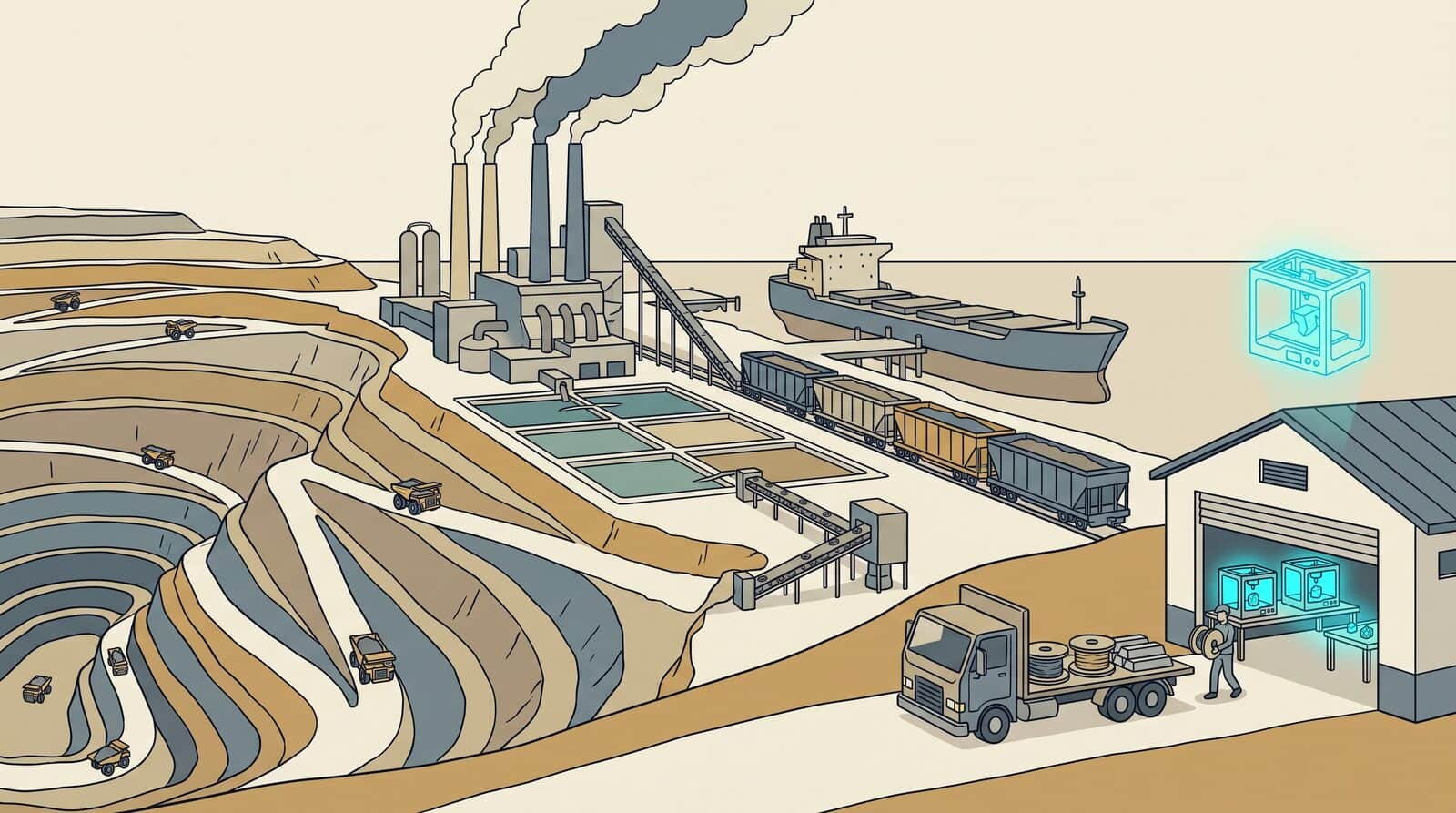 The printer at the far end is the small clean part. Everything to the left of it — the pit, the smelter, the freight train, the ship, the truck unloading at the door — is what has to happen before it can make anything at all. The design is free to copy. The stuff it prints in never will be.