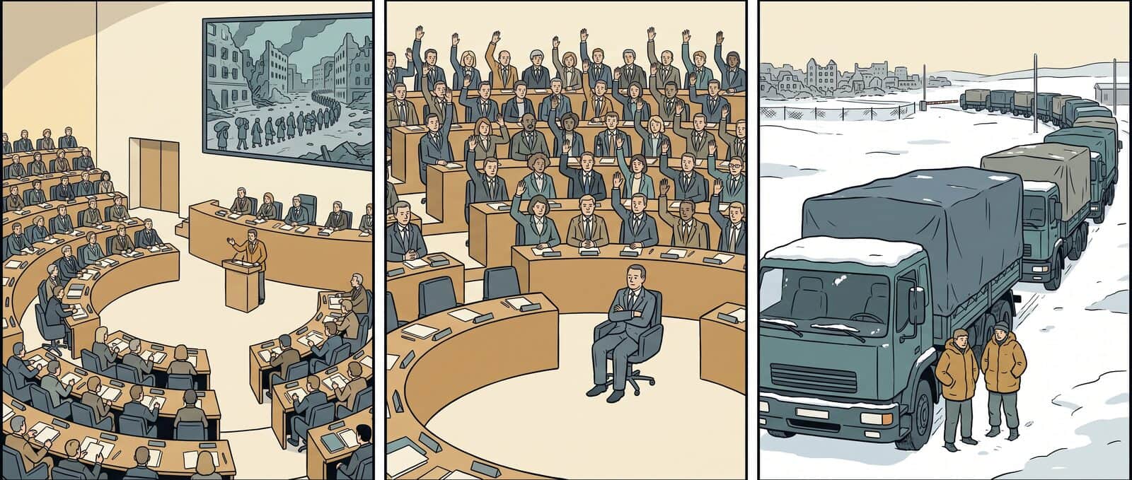 The chamber debates help for a country being shelled. The vote is taken and every hand in the room goes up but one; the man with his arms folded does not have to win the argument, only to sit there. The lorries are still parked at the border with their engines off, and the snow is settling on the windscreens.