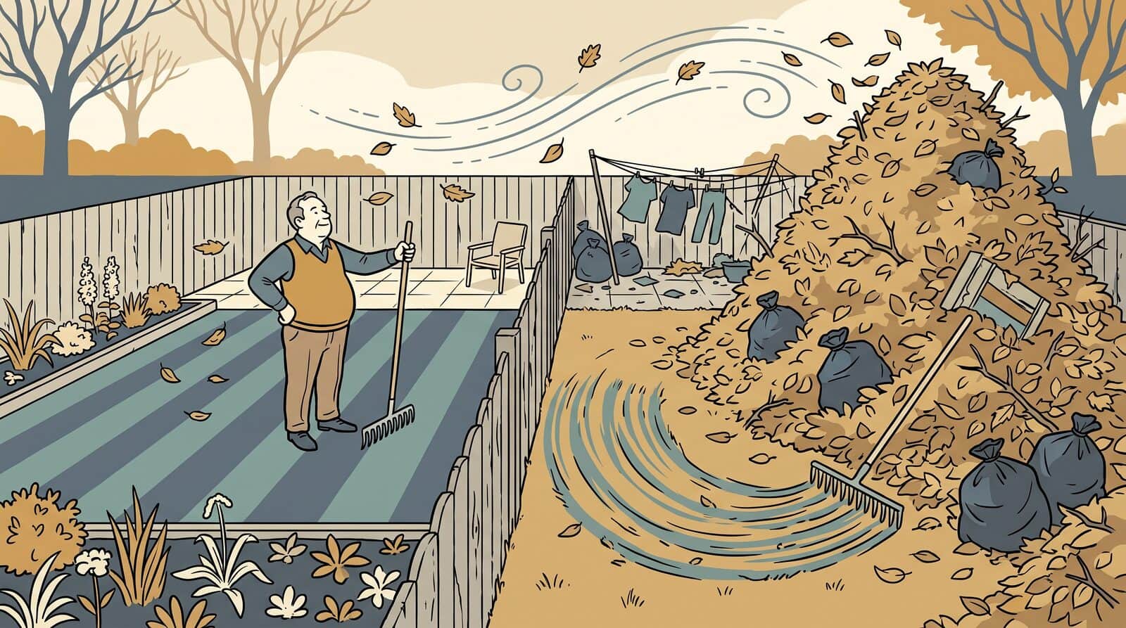 His lawn is spotless, and he is pleased with it. The leaves are all still there, heaped over the fence against next door's washing line, with the rake marks leading to the gap they went through. The wind is already carrying some of them back. Nothing was disposed of; it was moved somewhere that doesn't count as his.
