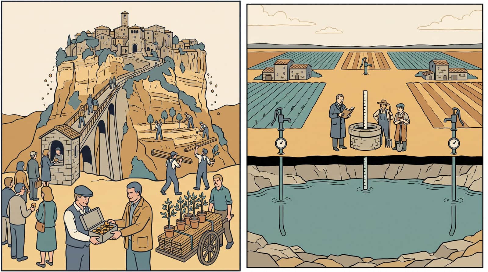The visitors pay at the gate, and the takings go straight from the ticket box into the hands of the man buying the saplings and timber that are already going up onto the terraces — while pebbles break loose under the feet of the people who paid. Beside it the ground is cut open: one body of water under every farm, a pipe down into it from each, a meter on every pipe, and an official at the wellhead measuring what is left. Two problems solved at their own size, by a rule somebody wrote down.