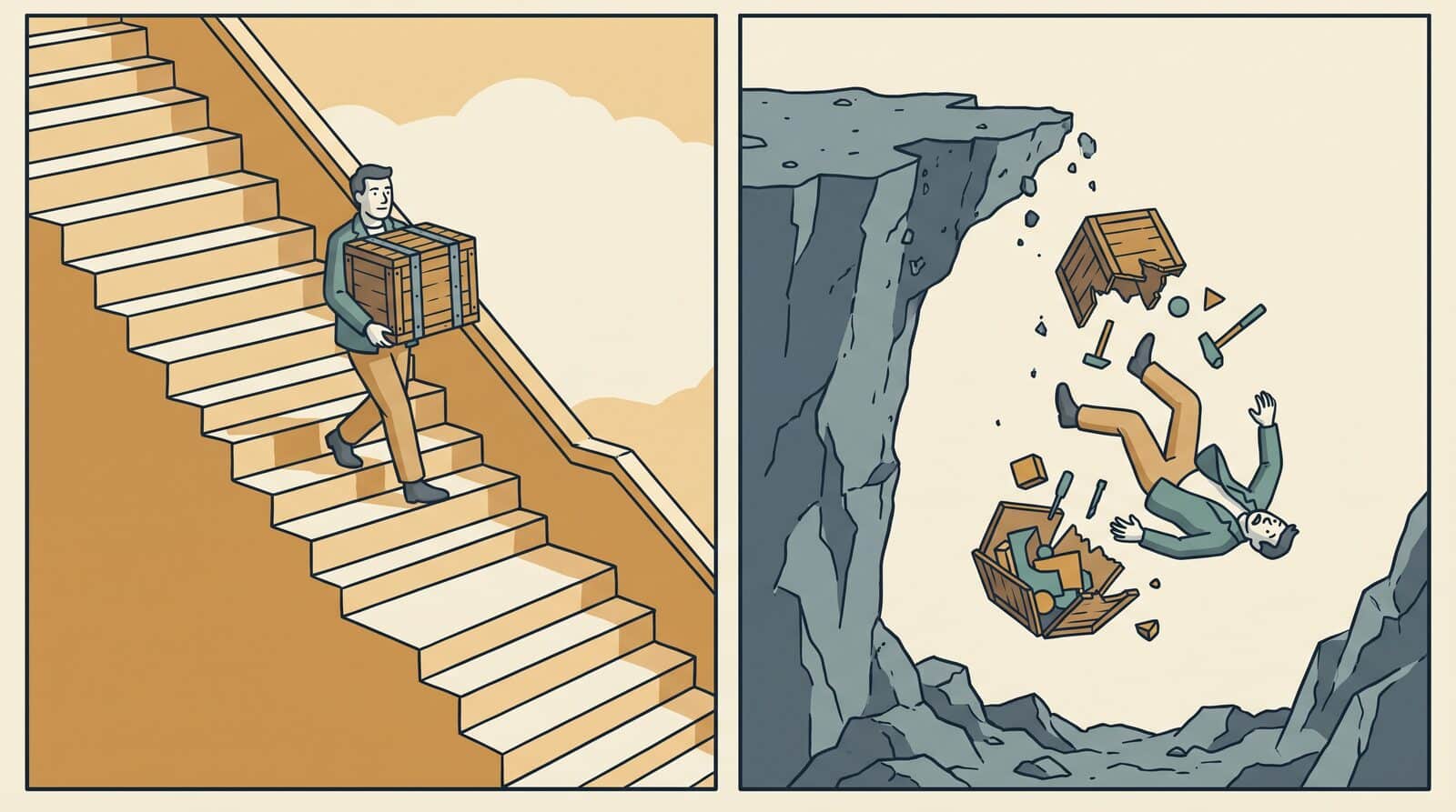 The same distance down, drawn twice. One version has steps, a handrail and somewhere to rest partway. The other is the identical drop with nothing underneath it. Where you end up is not the part that differs.