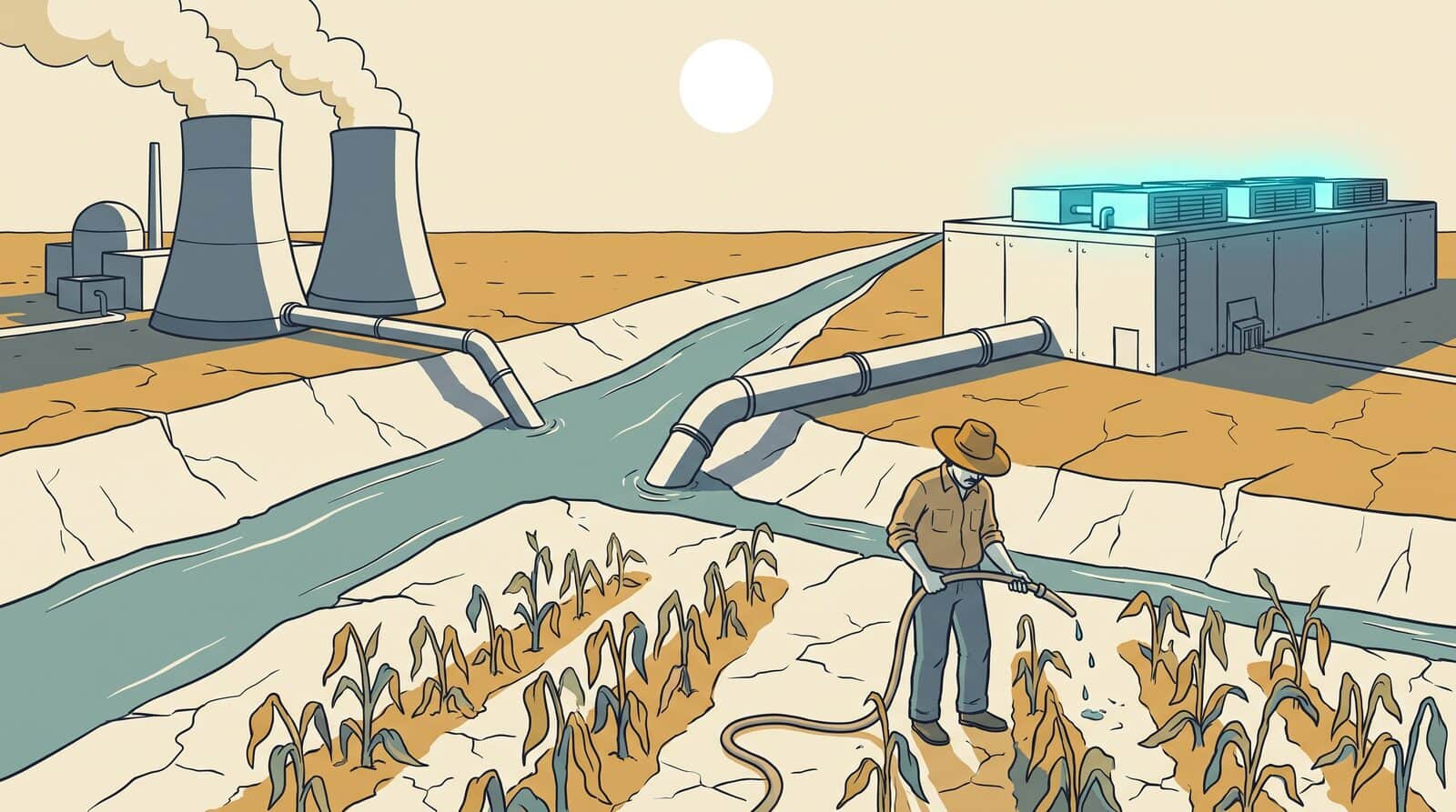Three claims on one shrinking river in the same heat wave: a cooling tower, a data centre and a farmer. Nobody in the picture is doing anything unreasonable, which is exactly why it can't be settled by everyone meaning well. The three are drawn here as equals; the paragraph below is about how unequal they actually are.