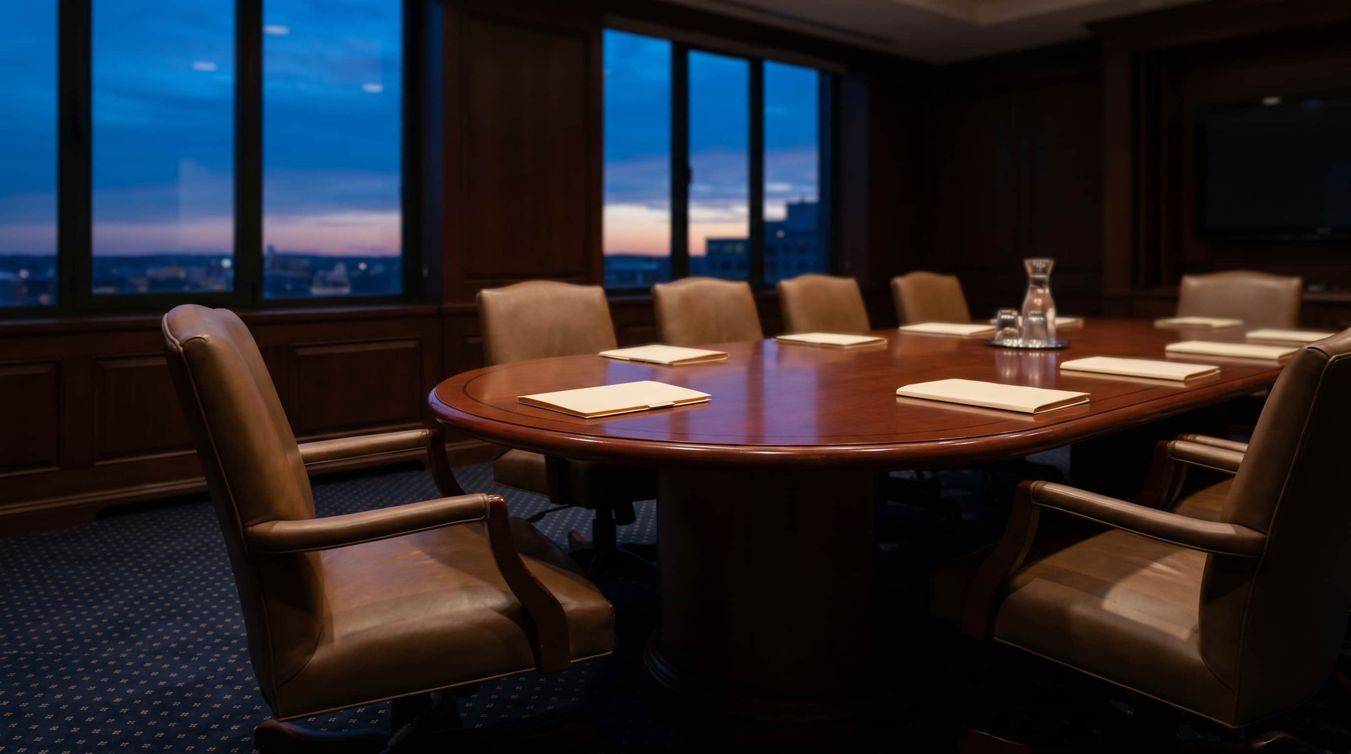 An empty boardroom at dusk — one chair pulled out, the agenda already concluded