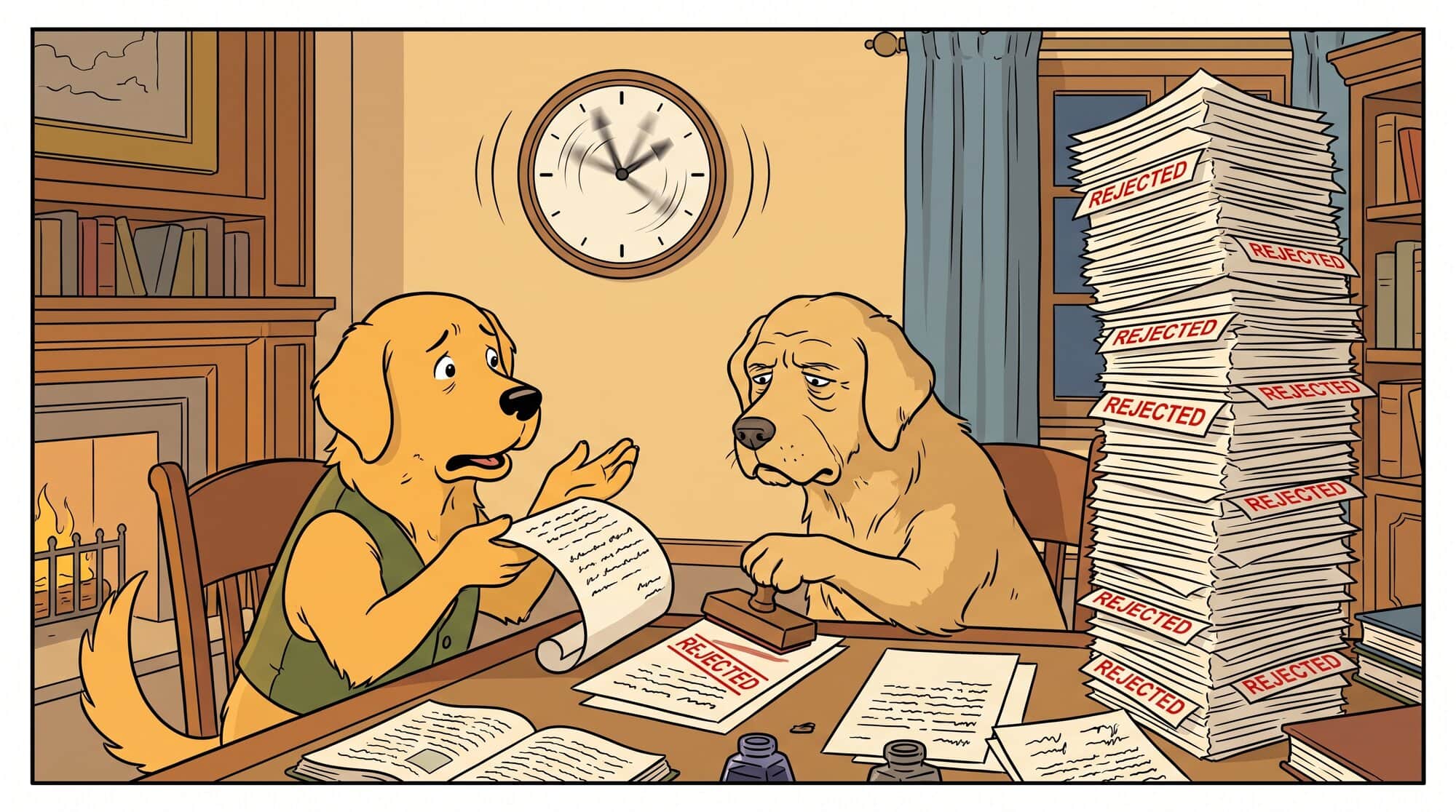 The reporter pleads its case while the challenger stamps another rejection onto a tower that never stops growing, and the clock spins itself into a blur. A sharper critic with no rules of engagement doesn't make the work better — it just makes sure nothing ever ships.