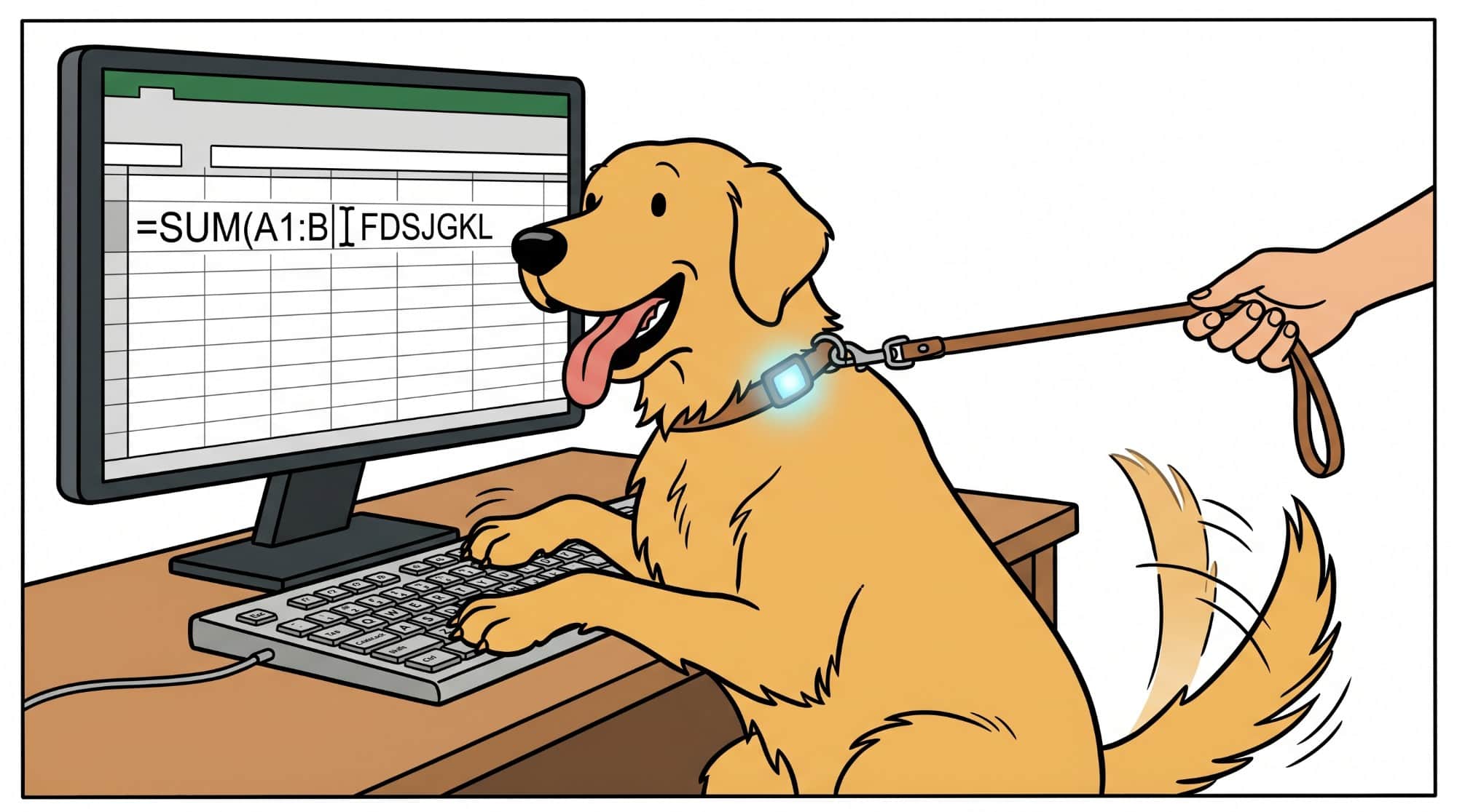 A golden retriever — standing in for the AI — sits at a desk, paws on the keyboard, tongue out and tail wagging, happily typing a spreadsheet formula that begins '=SUM(A1:B' and dissolves into gibberish; it wears a glowing collar clipped to a leash held by a human hand.