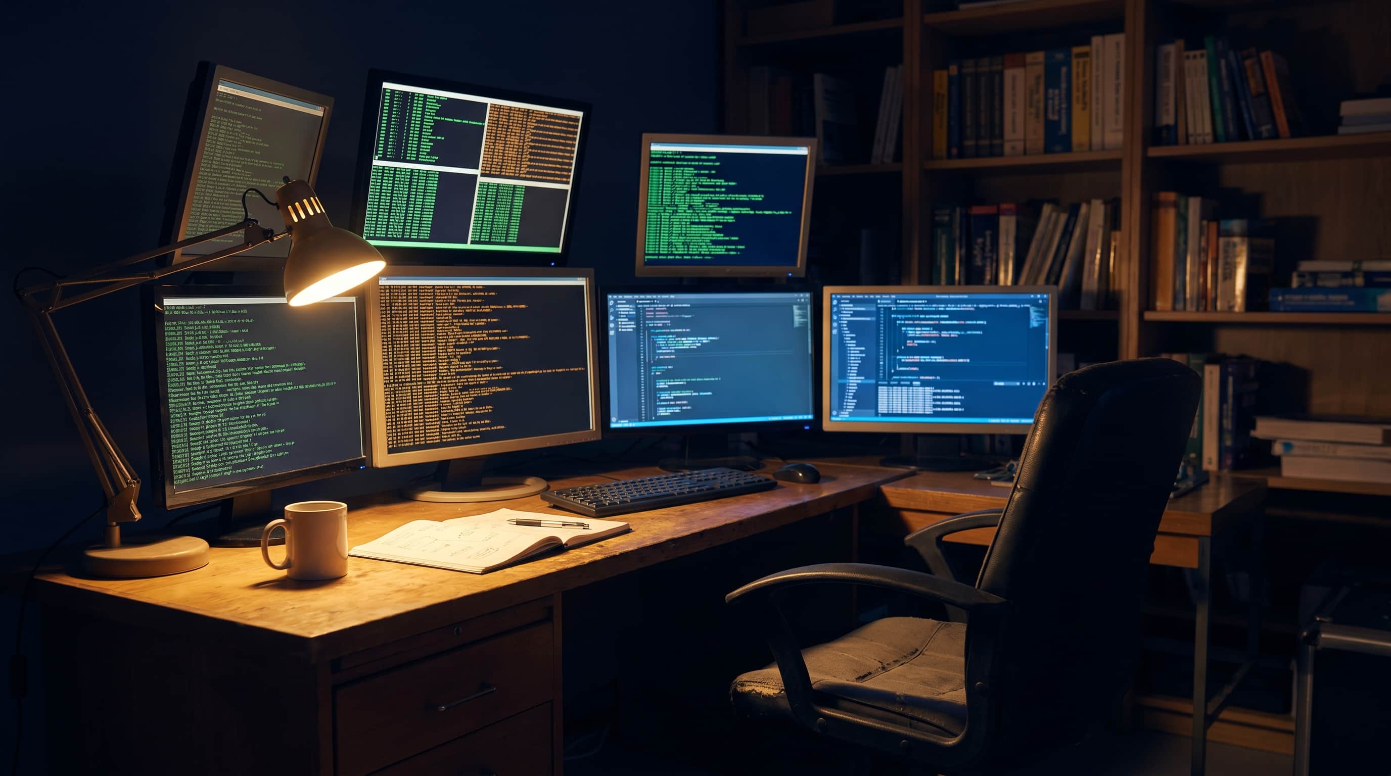 The workshop where the agents run — the empty chair, the glowing screens, the work continuing without me