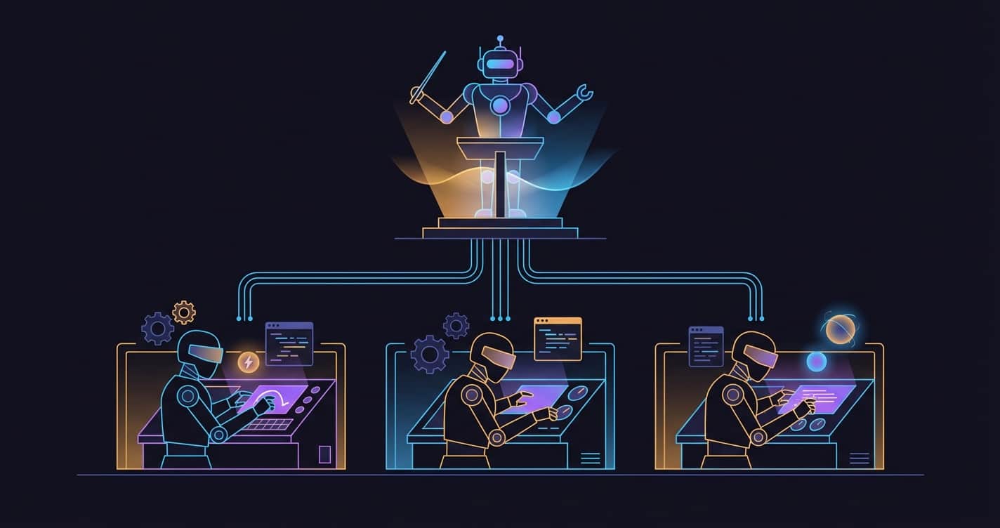 Conductor robot directing isolated worker robots — hierarchy as a feature