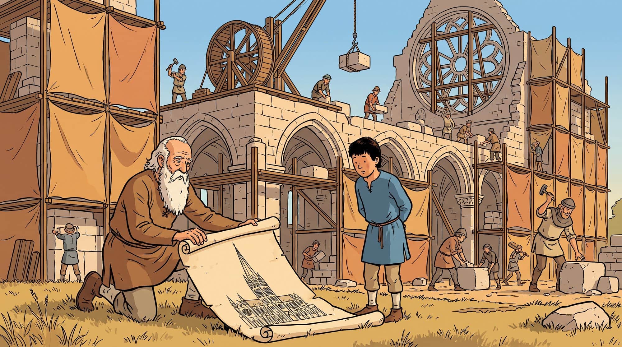 Cathedral builders started work they knew they would not see finished: the master mason with the plan of a spire nobody on the site would live to see. An illustration.
