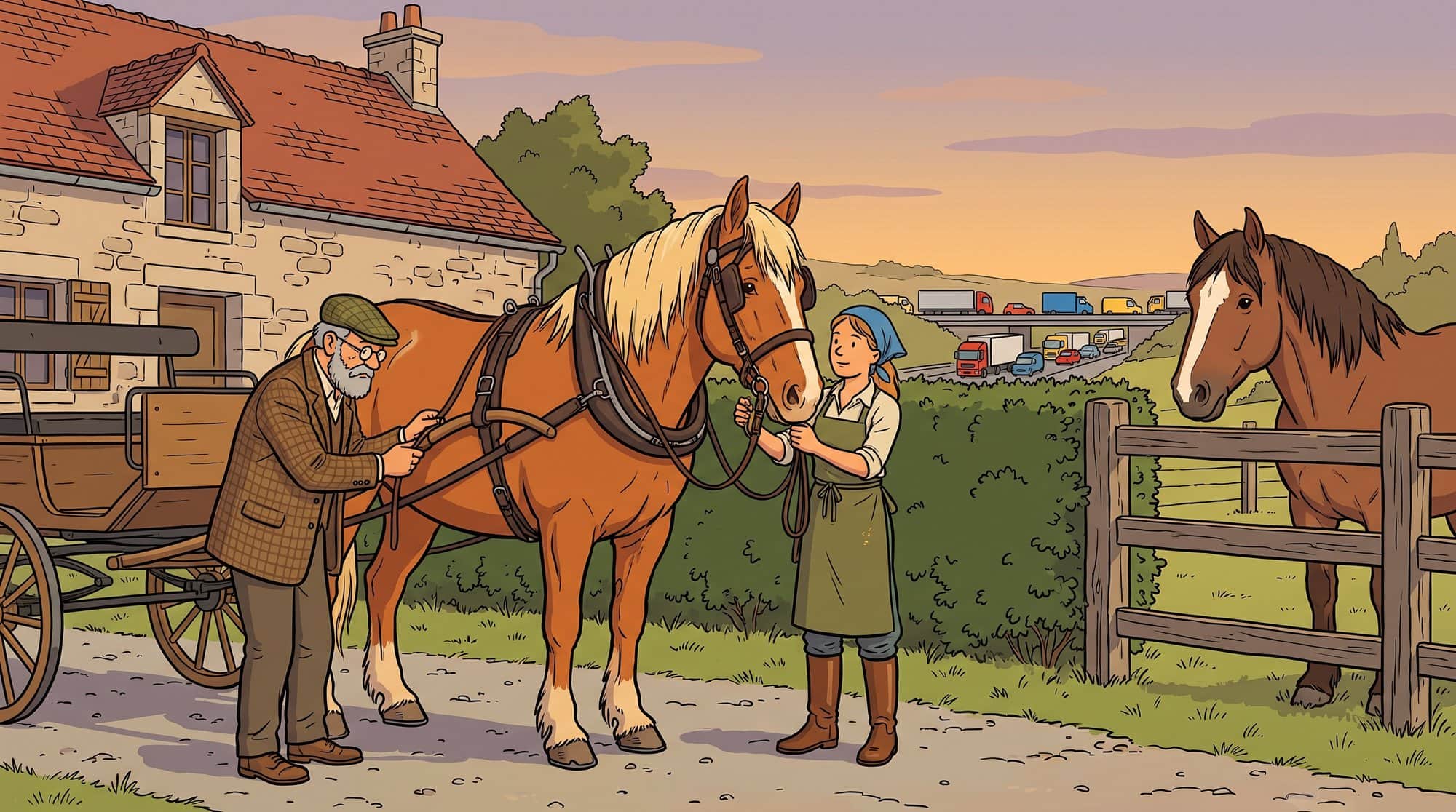 He bought horses and carriages himself: a former minister harnessing his own draught horse to a plain carriage, and beyond the hedge the motorway that carries everything else. An illustration.