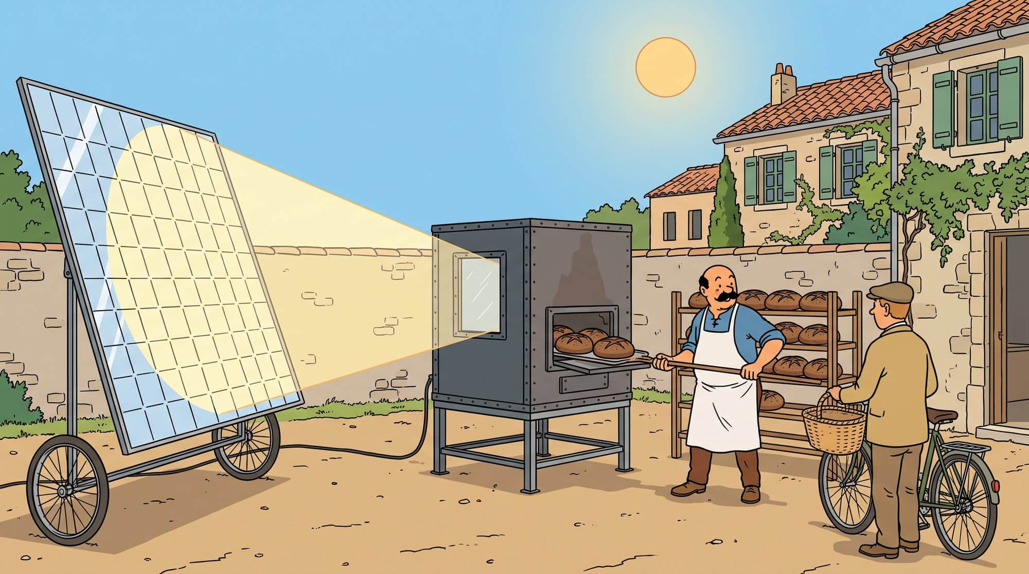 Hamant's worked example: a bakery that bakes with the sun. A panel of mirrors throws the light into the oven, so there is no fuel bill, no baking at night and none on a cloudy day. The bread keeps a week, and the customer who wanted a warm baguette at seven has gone elsewhere. An illustration.