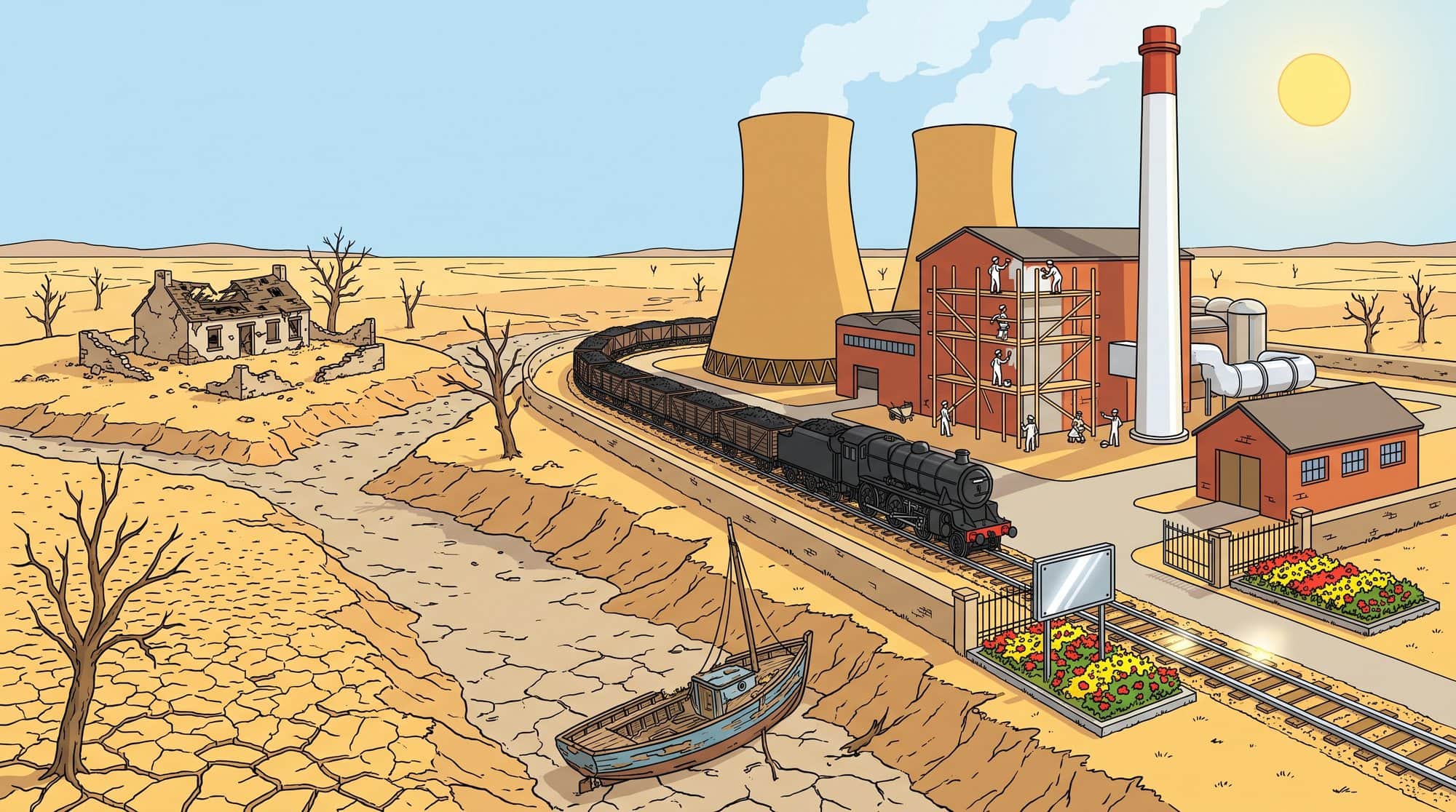 A working ruin, as the three authors call it: a coal plant kept in perfect repair, the scaffolding fresh and the painters at work, the flower beds tended at the gate, and everything it was built to serve dead for miles around. Robust, and saying nothing about what deserves to be prolonged. An illustration.
