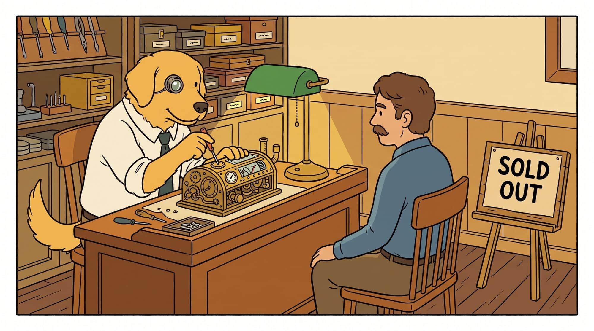 A golden retriever wearing a jeweller's loupe tunes an intricate brass instrument screw by screw, watched by an audience of exactly one, a small SOLD OUT card beside the single chair. Slow, patient work for a market that has already bought.