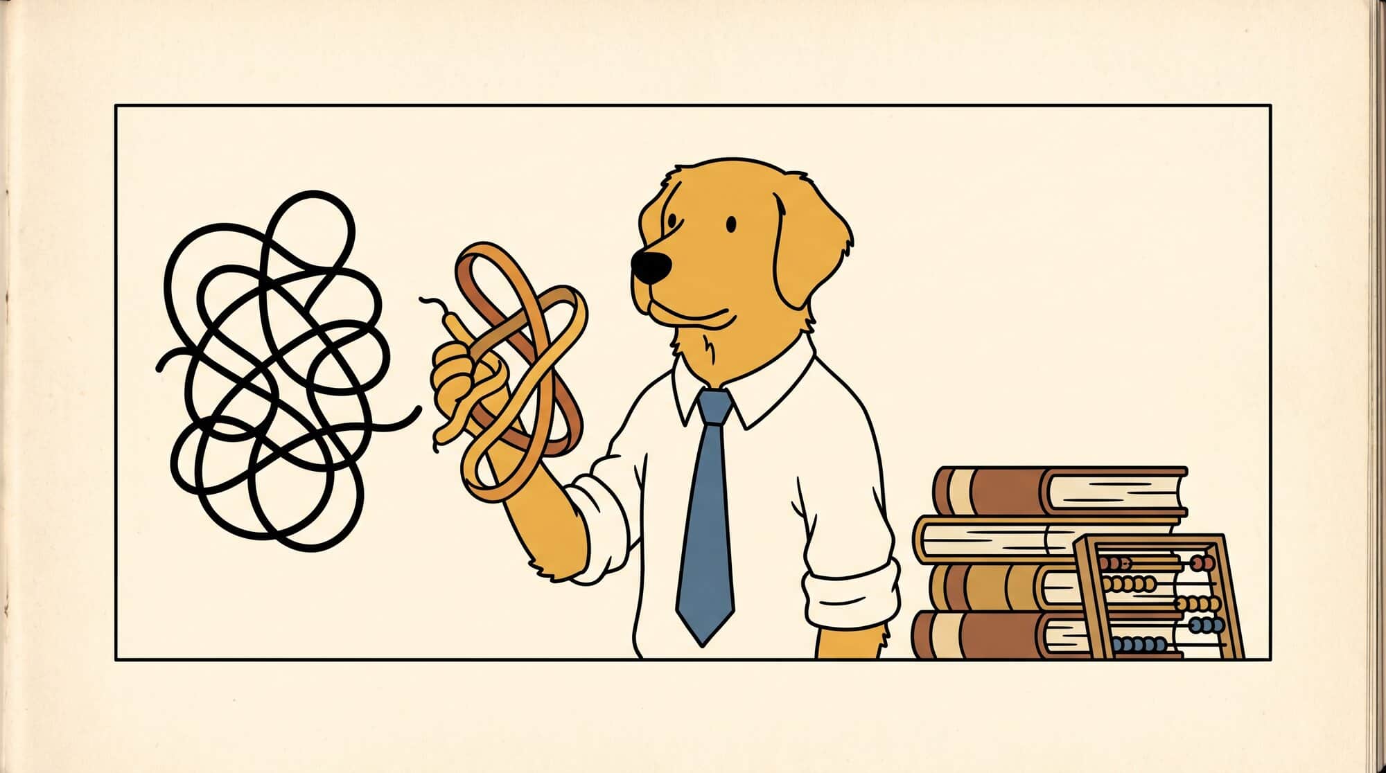 A golden retriever lifts one neatly folded protein out of an impossible tangle of thread, while sixty years of ledgers and an abacus sit untouched beside it. Nobody was going to code their way through that — so a model learned to fold instead.