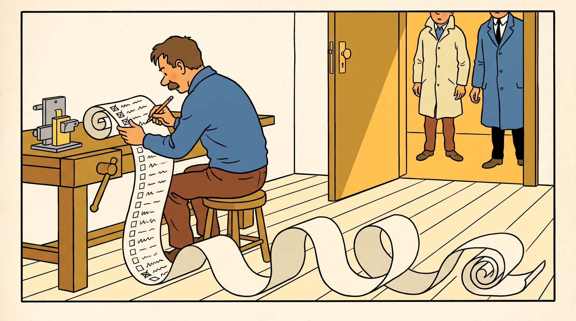 A man buried in an endless to-do list that coils across the floor, ticking box after box with his back to the open door — where the people who could tell him what they actually think stand waiting. Every added feature is another week he doesn't have to face them.