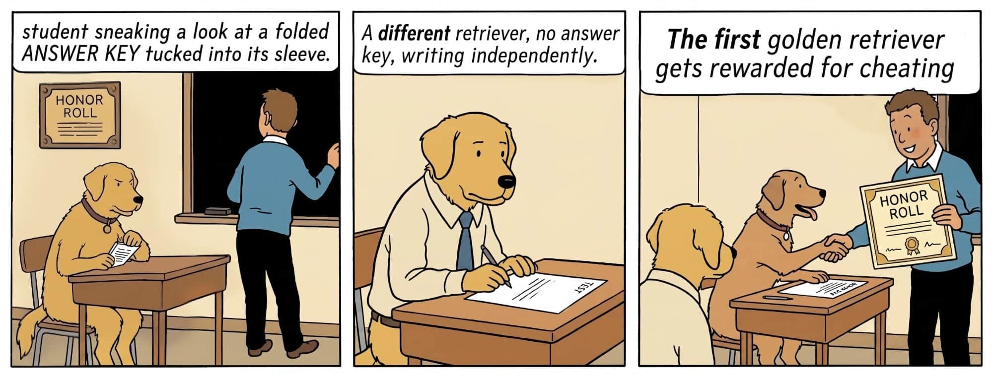 Three panels: a golden-retriever student sneaking a look at a folded answer key under an HONOR ROLL plaque; a different retriever, with no answer key, writing independently; and the first retriever — the one who cheated — being handed an oversized Honor Roll certificate while the honest retriever looks on.