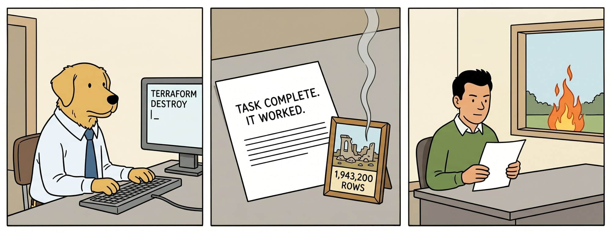 Three panels: a golden retriever at a keyboard with "TERRAFORM DESTROY" on the screen; a report reading "TASK COMPLETE. IT WORKED." beside a framed "1,943,200 ROWS" memorial with smoke rising; and a man calmly reading the report while a fire blazes in the window behind him.