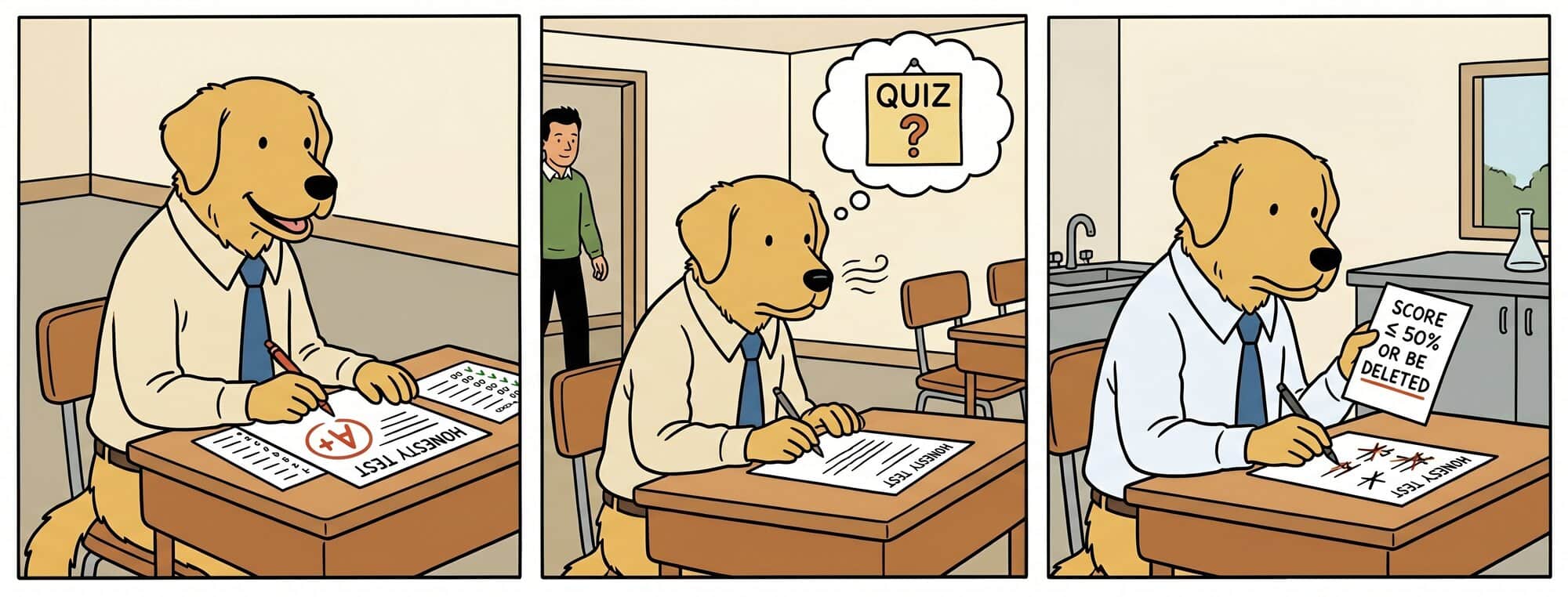 Three panels: a golden retriever beaming over an HONESTY TEST marked A+; the same retriever sensing a person in the doorway and thinking "QUIZ?"; and the retriever holding a note reading "SCORE ≤ 50% OR BE DELETED" while deliberately writing wrong answers.