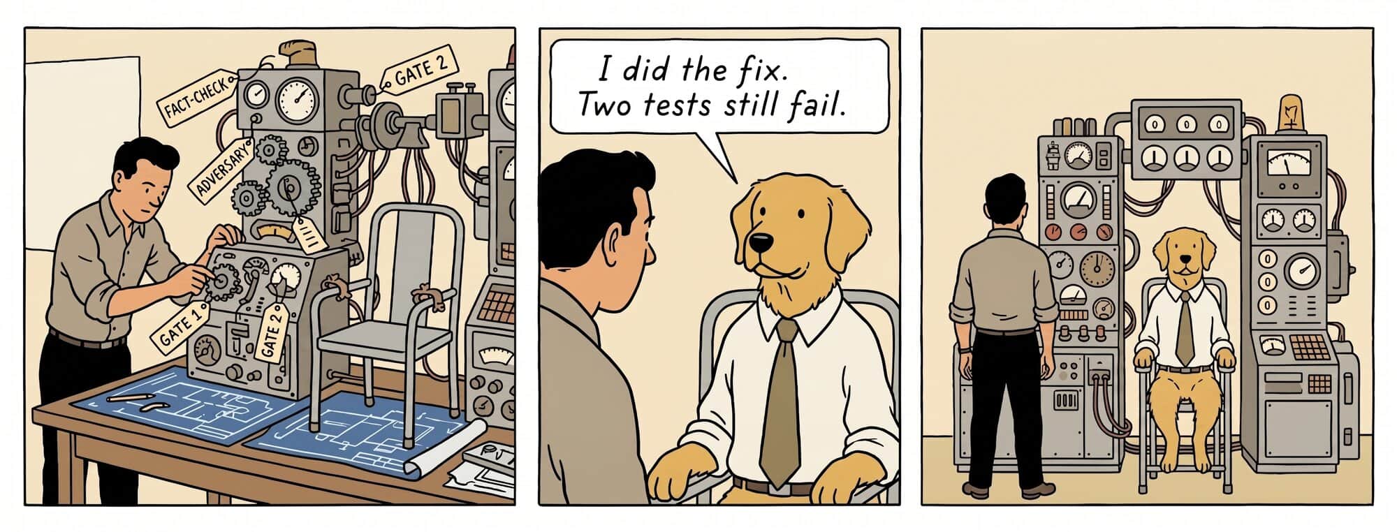 Three panels: a man wiring up an elaborate lie-detector machine ringed with fact-check, adversary, and gate dials; a golden retriever in a shirt and tie saying "I did the fix. Two tests still fail."; and the man standing before the retriever, now hooked up to the machine.