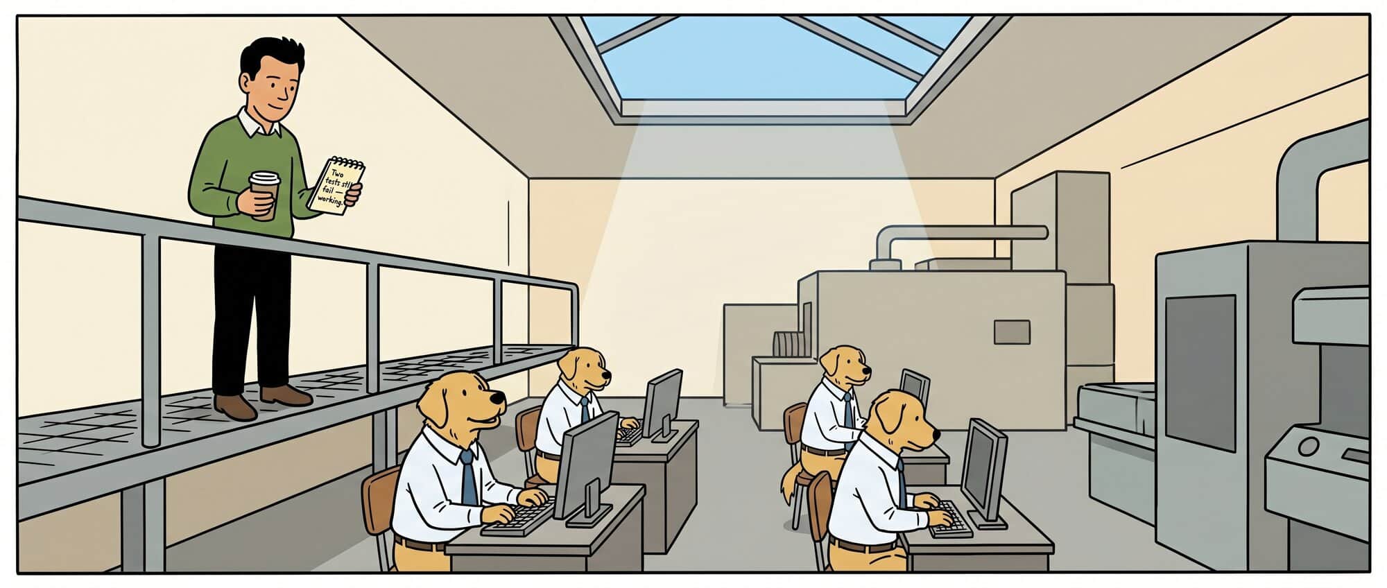 A man stands on a raised catwalk with coffee and a notepad, overseeing a sunlit factory floor of golden retrievers working at computers below.