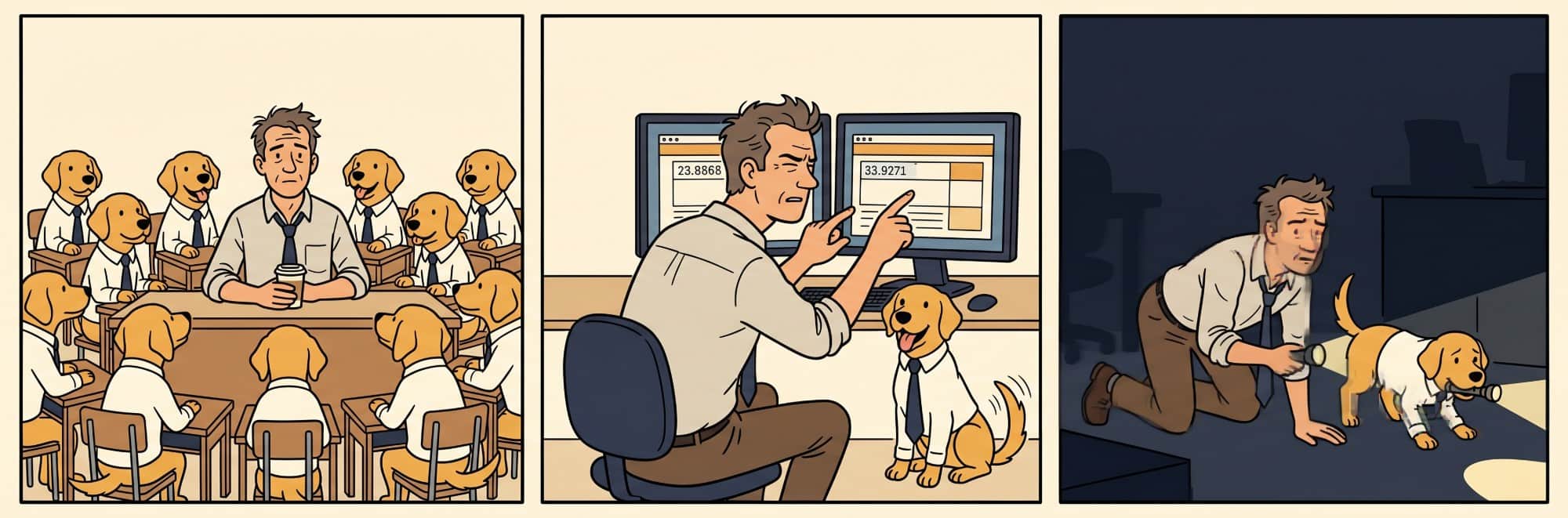 Three panels: a man at a conference table flanked by golden-retriever colleagues in shirts and ties; the same man pointing at two monitor screens showing the mismatched numbers 23.8868 and 33.9271; the man on his knees in a dark room with a flashlight while a bandaged golden retriever also searches with a flashlight
