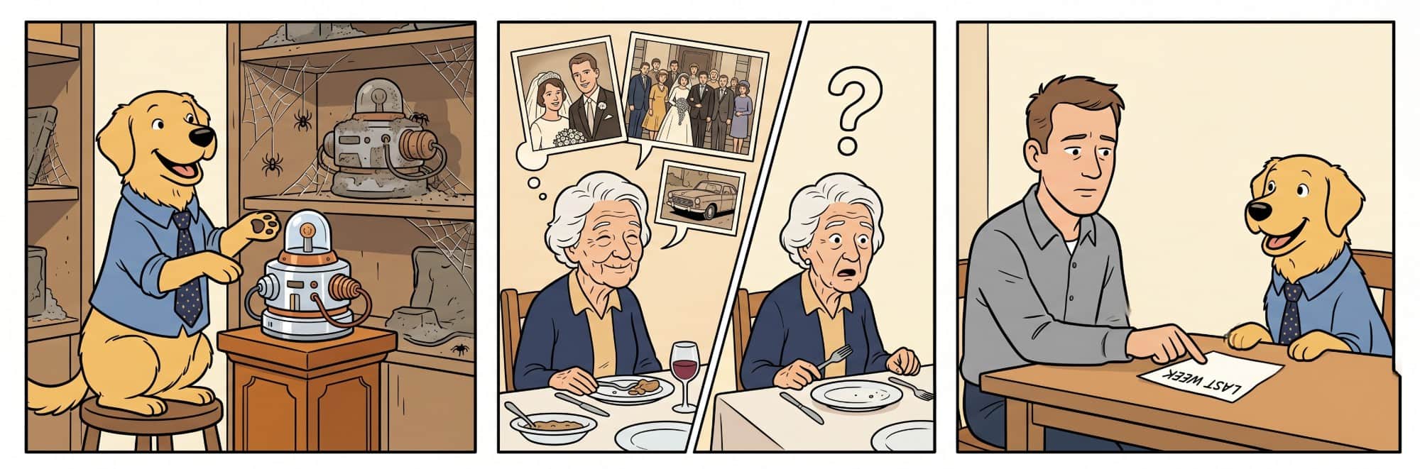 Three panels: a golden retriever in shirt-and-tie polishing a dusty cobweb-covered robot on a forgotten shelf; an elderly woman recalling wedding photos in a thought bubble, then the same woman beside it looking blank with a question mark above her head; a man at a table watching a smiling golden retriever push a paper toward him labeled LAST WEEK