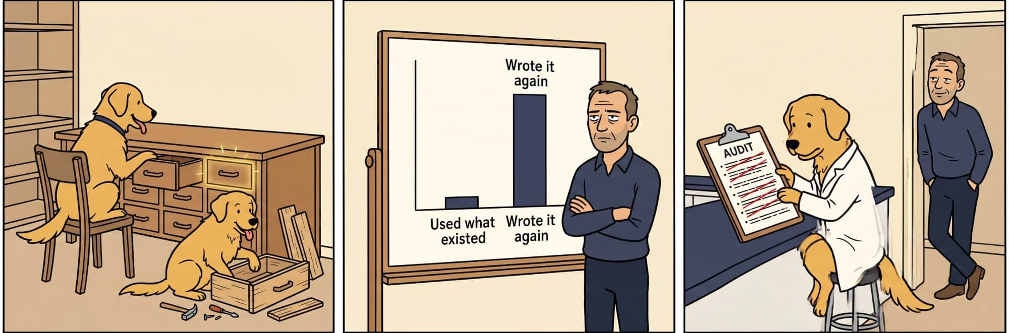Three panels: a golden retriever finds a drawer that glows because it already holds what was needed, while another retriever assembles a duplicate wooden box from scratch on the floor amid tools and scraps; a bar chart with two columns — "Used what existed" (tiny) and "Wrote it again" (very tall) — a tired arms-crossed man standing beside it; a golden retriever in a lab coat holding a clipboard labeled AUDIT scored with red corrections while a man watches from a doorway