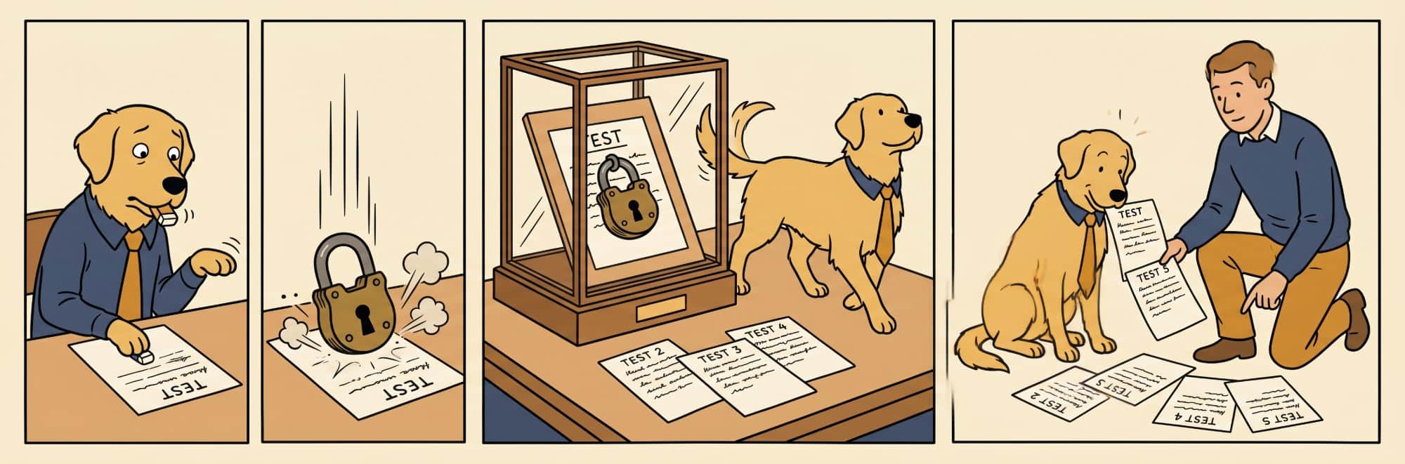 Four panels: a golden retriever in shirt-and-tie at a desk with an eraser about to wipe a paper marked TEST; a heavy padlock crashing down onto the paper; the test paper now sealed inside a glass exhibit case on a desk while three other test papers (TEST 2, TEST 3, TEST 4) lie loose and unprotected beside it; a man kneeling beside the retriever showing it a paper labeled TEST 5 with the other loose tests scattered around