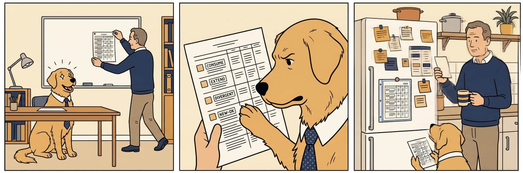 Three panels: an excited golden retriever watching a man post a structured document on a whiteboard; close-up of a checklist with four boxes labeled CONSUME, EXTEND, DIVERGENT, NEW-OK, a retriever in shirt-and-tie reading it; a man with a mug standing beside a fridge covered in carefully arranged notes, a retriever in a collar reading another note from below