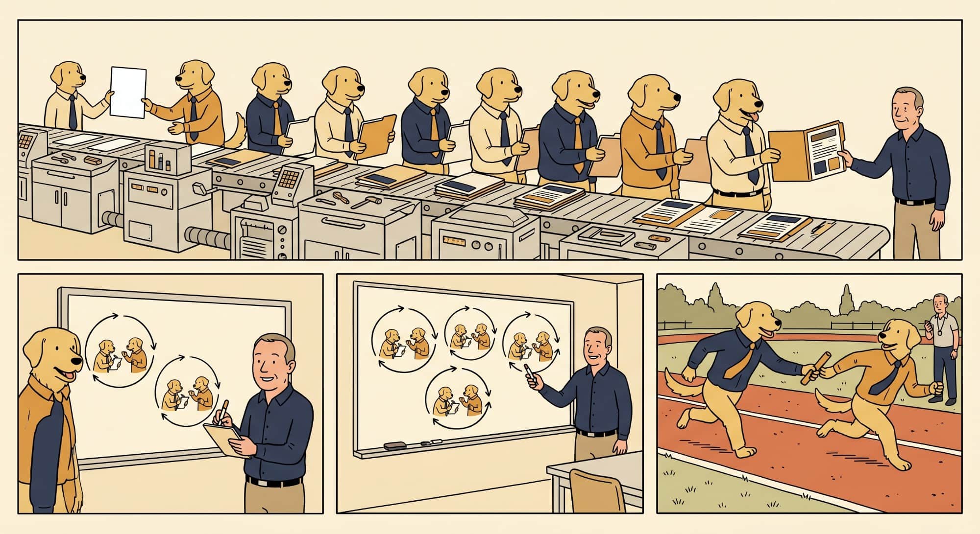 Composite of four panels: a long top panel of an assembly-line conveyor belt where a row of golden retrievers in shirts and ties pass folders along until a man at the far end inspects the finished document; a retriever showing a whiteboard of diagrams to a note-taking man; another whiteboard with four cyclic loops, a man pointing at them; two retrievers on a running track in the moment of a baton handoff while a man with a stopwatch watches