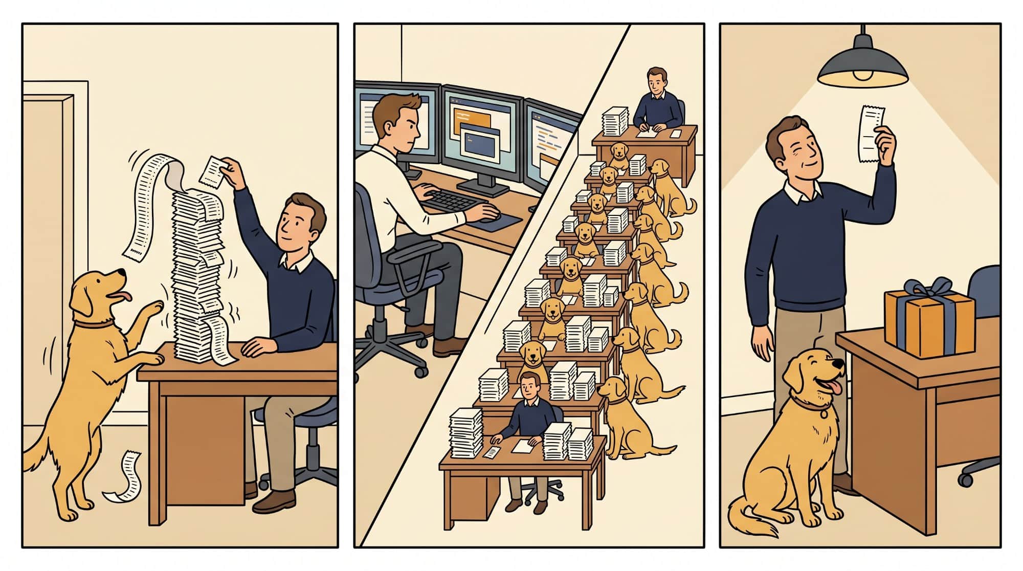 Three panels: a tall stack of long thermal-printer receipts on a desk that a man is adding to while a golden retriever stretches up to watch; a split scene showing a man at a multi-monitor coding workstation on one side and a long row of golden retrievers at their own desks with stacks of paper on the other; the same man standing under a spotlight holding up a receipt and smiling, a retriever beside him and a wrapped gift box on the desk
