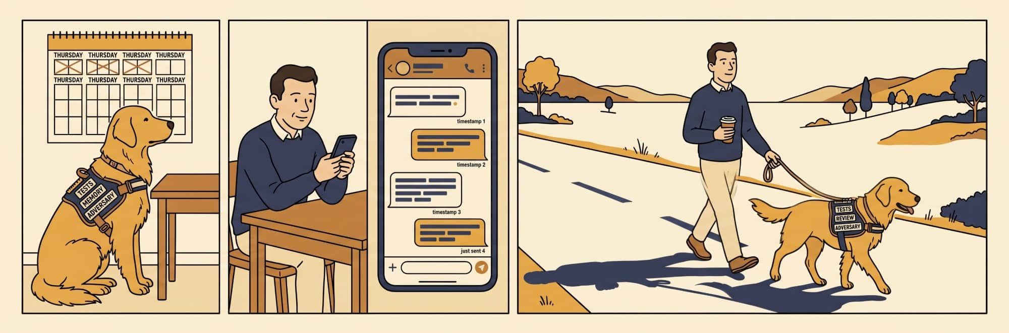 Three panels: a wall calendar of Thursdays each crossed through with an X, a golden retriever sitting beside a desk wearing a vest patched with TESTS, MEMORY, ADVERSARY; a man at a kitchen table holding a smartphone, an enlarged view of the screen beside him showing a chat thread of timestamps ending in "just sent 4"; a man walking the golden retriever on a leash through warm-lit countryside, the dog now wearing a vest patched with TESTS, REVIEW, ADVERSARY