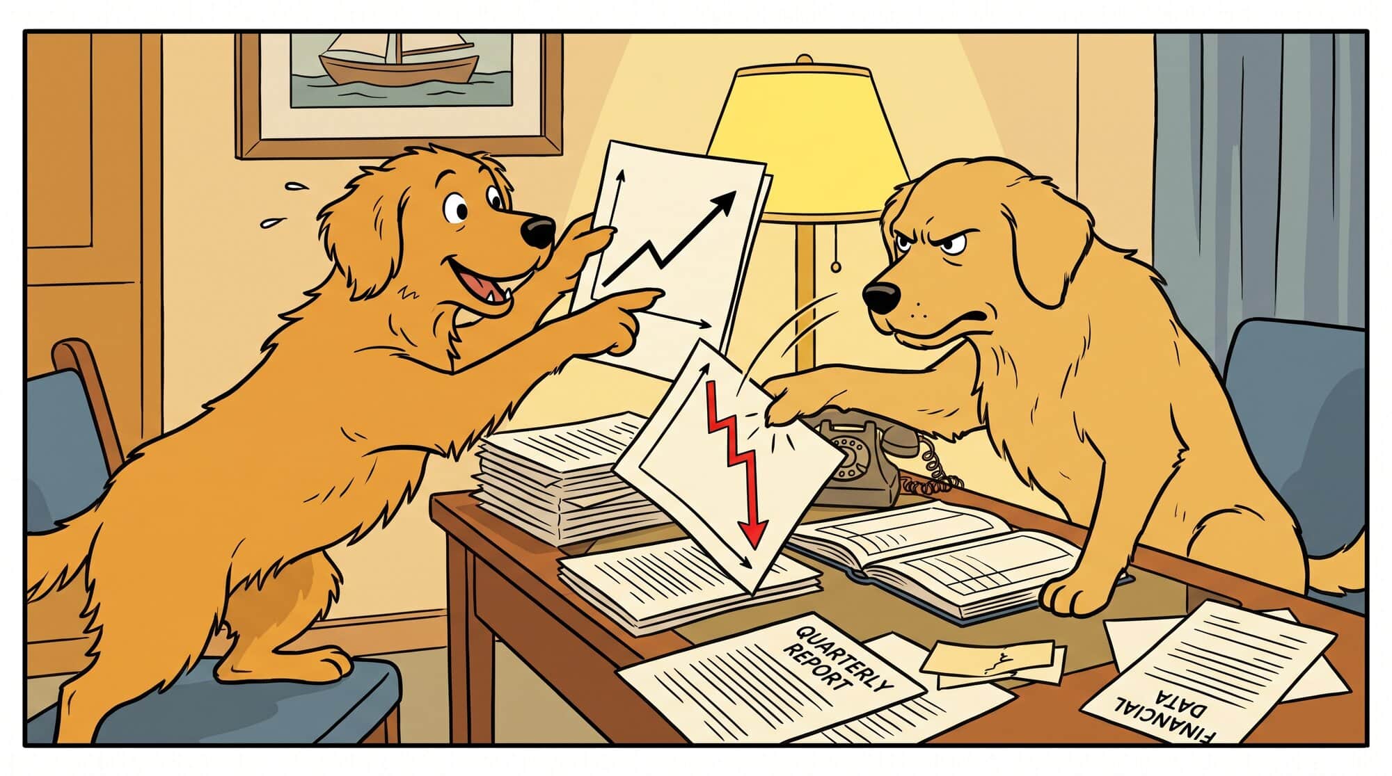 The tool's optimist and its skeptic, arguing over the same filings — one paw jabbing at the climbing chart, the other planting down the page where it all drops. Every flattering claim meets the same question: says who?