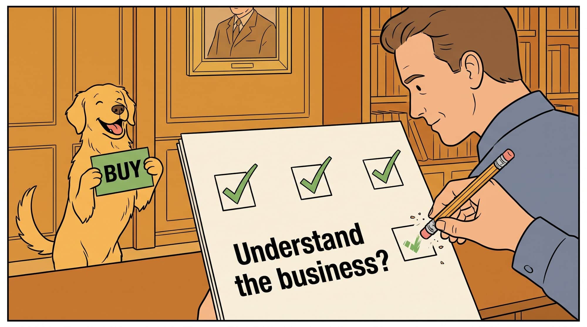 The tool's retriever proudly holds up a green "BUY" sign while the man at the desk quietly slides one checkbox — "do you understand this business?" — from ticked to unticked.