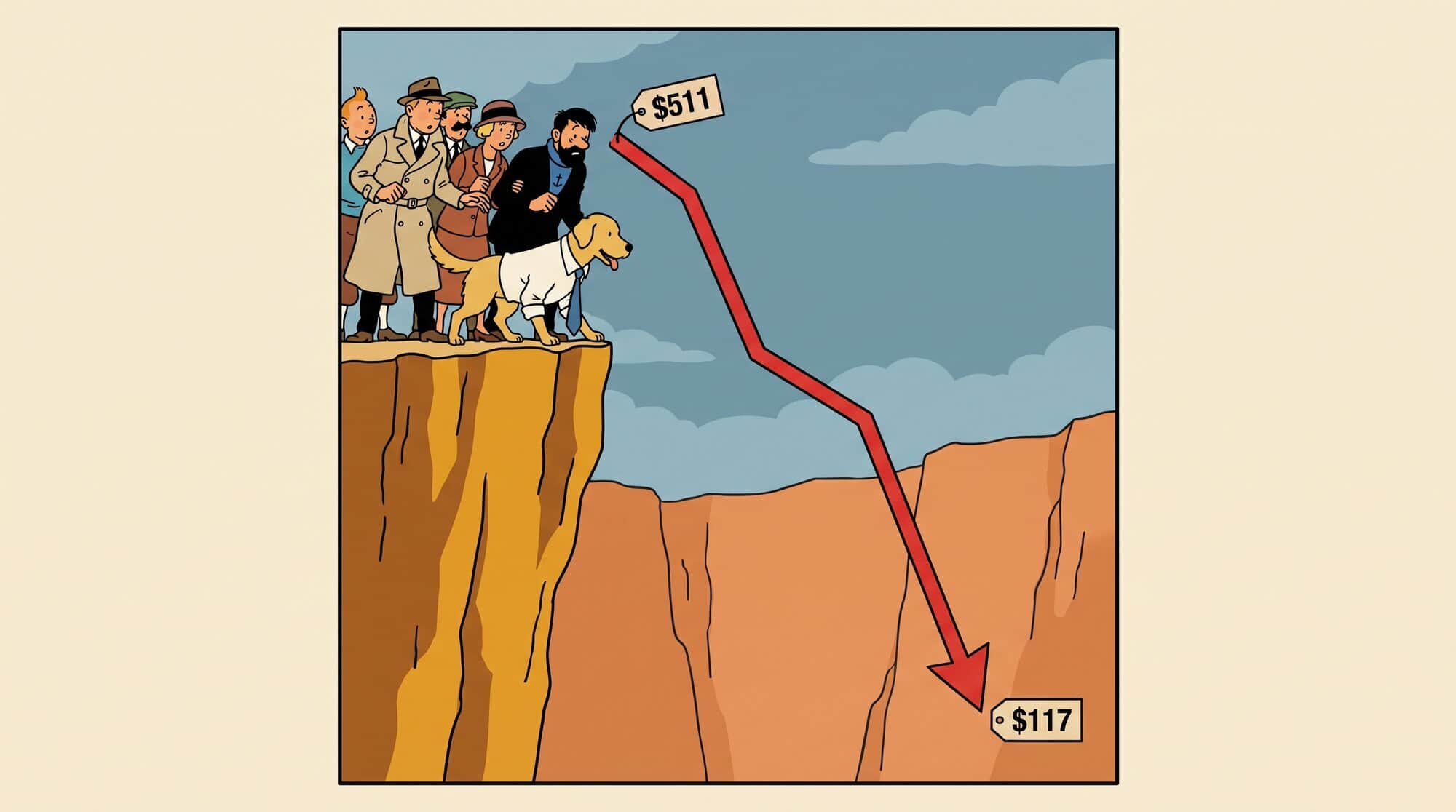 The retriever peers over a cliff edge at a price chart in free-fall — $511 down to $117. When a stock drops that hard, everybody comes to look.