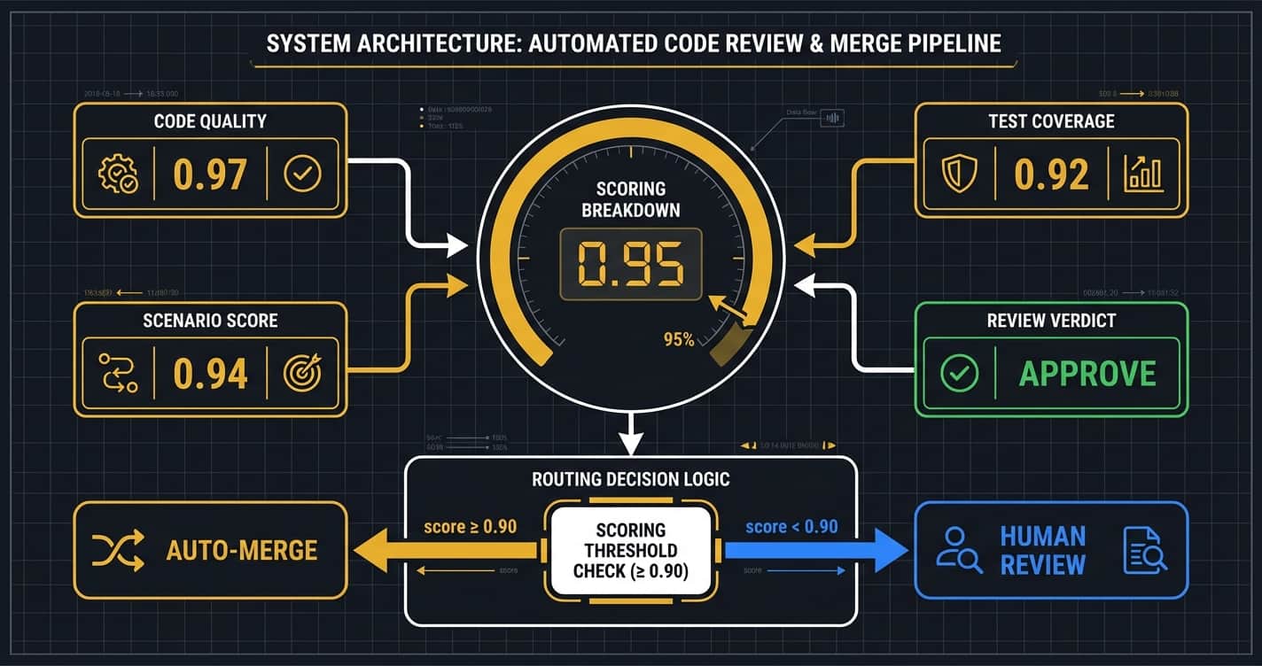Scoring breakdown: confidence routing from metrics to auto-merge or human review