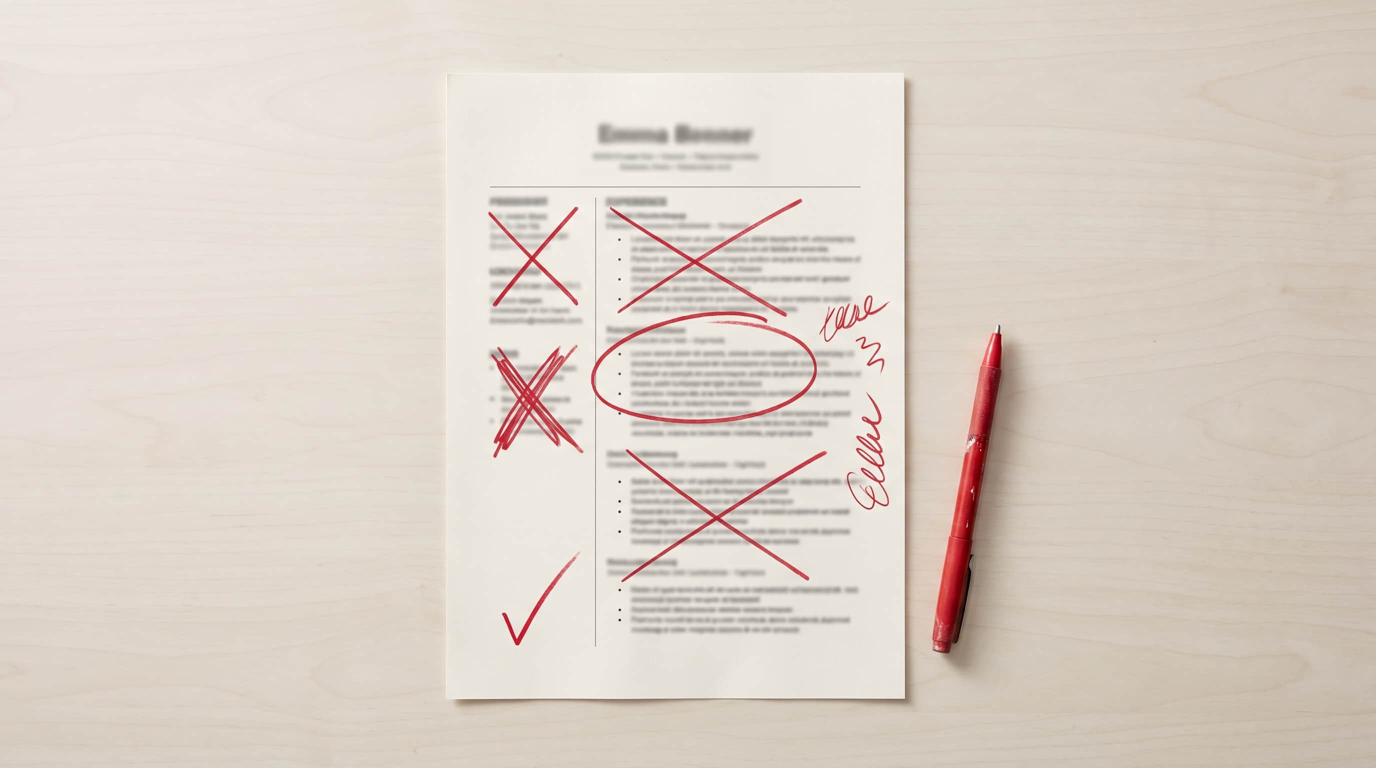 A résumé savaged in red pen — every line crossed out, circled, or waved away with one flat check mark. The machine read it. The machine had notes.
