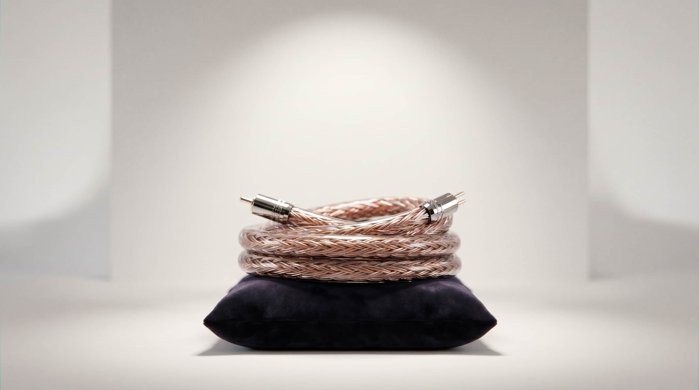 A single speaker cable, coiled on a velvet pillow under a museum spotlight, lit like a priceless artifact. It is a wire.